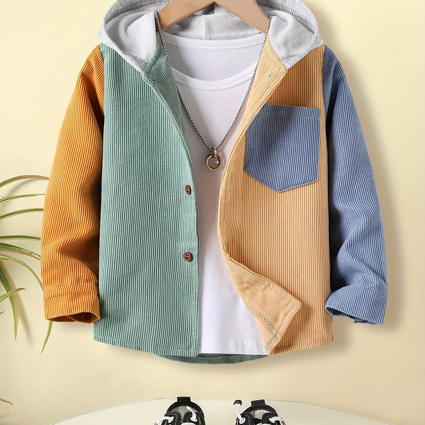 

Kid's Color Clash Hooded Corduroy Jacket, Trendy Button Front Coat, Boy's Clothes For Spring Fall Outdoor