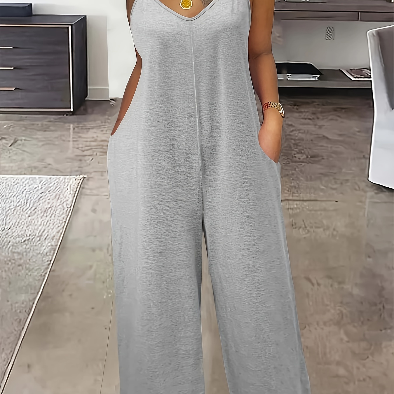

V Neck Cami Jumpsuit With Pockets, Casual Solid Color Jumpsuit For Spring & Summer, Women's Clothing