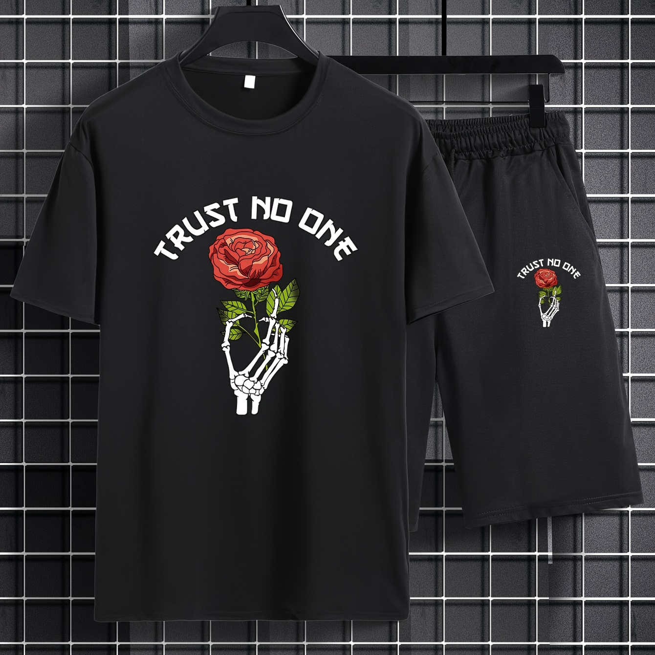 

Skeleton Hand Holding Rose Print, Mens 2 Piece Outfits, Comfy Short Sleeve T-shirt And Casual Drawstring Shorts Set For Summer, Men's Clothing