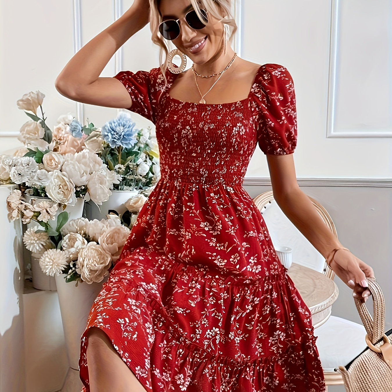 

Floral Square Neck Dress, Elegant Puff Sleeve Shirred Dress For Spring & Summer, Women's Clothing