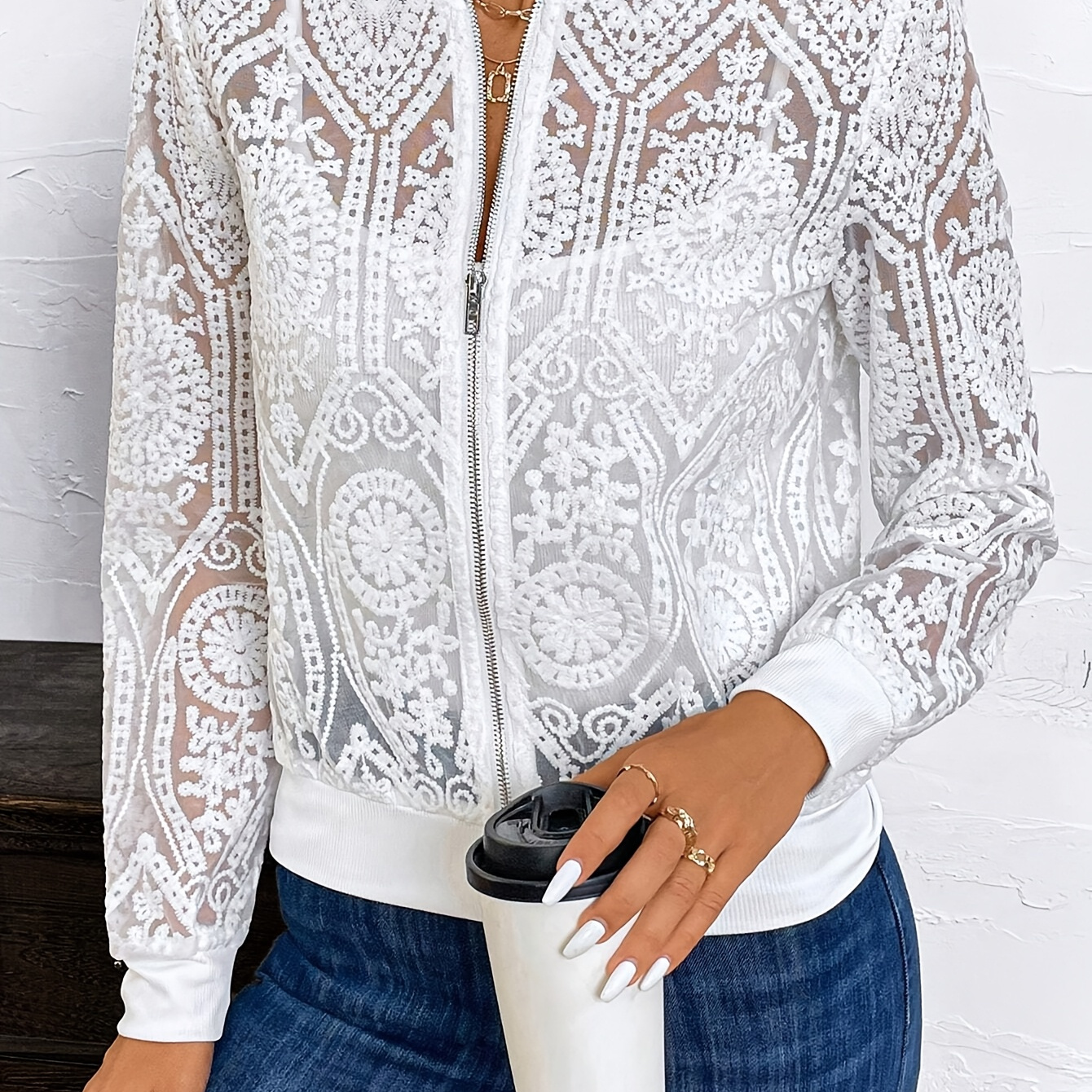 

Women's Casual Stand Collar Zip-up Jacket, Polyester Lace Long Sleeve Half Outerwear, Solid Color Knit Fabric, For Spring/fall