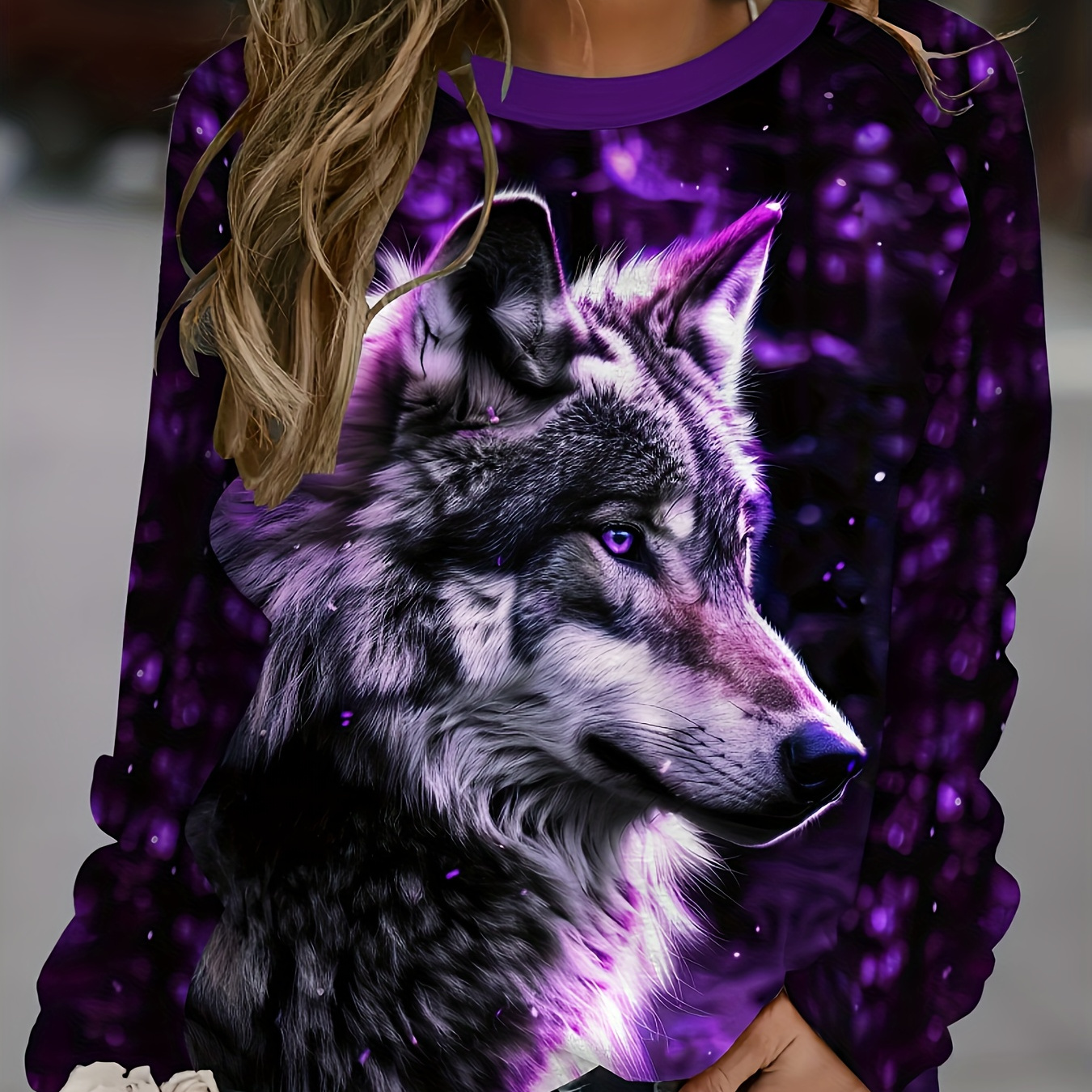 

Women's 3d Wolf Neck T-shirt, Casual Polyester Knit Fabric With Spandex, Regular Length Long Sleeve Top For Spring/fall Outdoor Activities