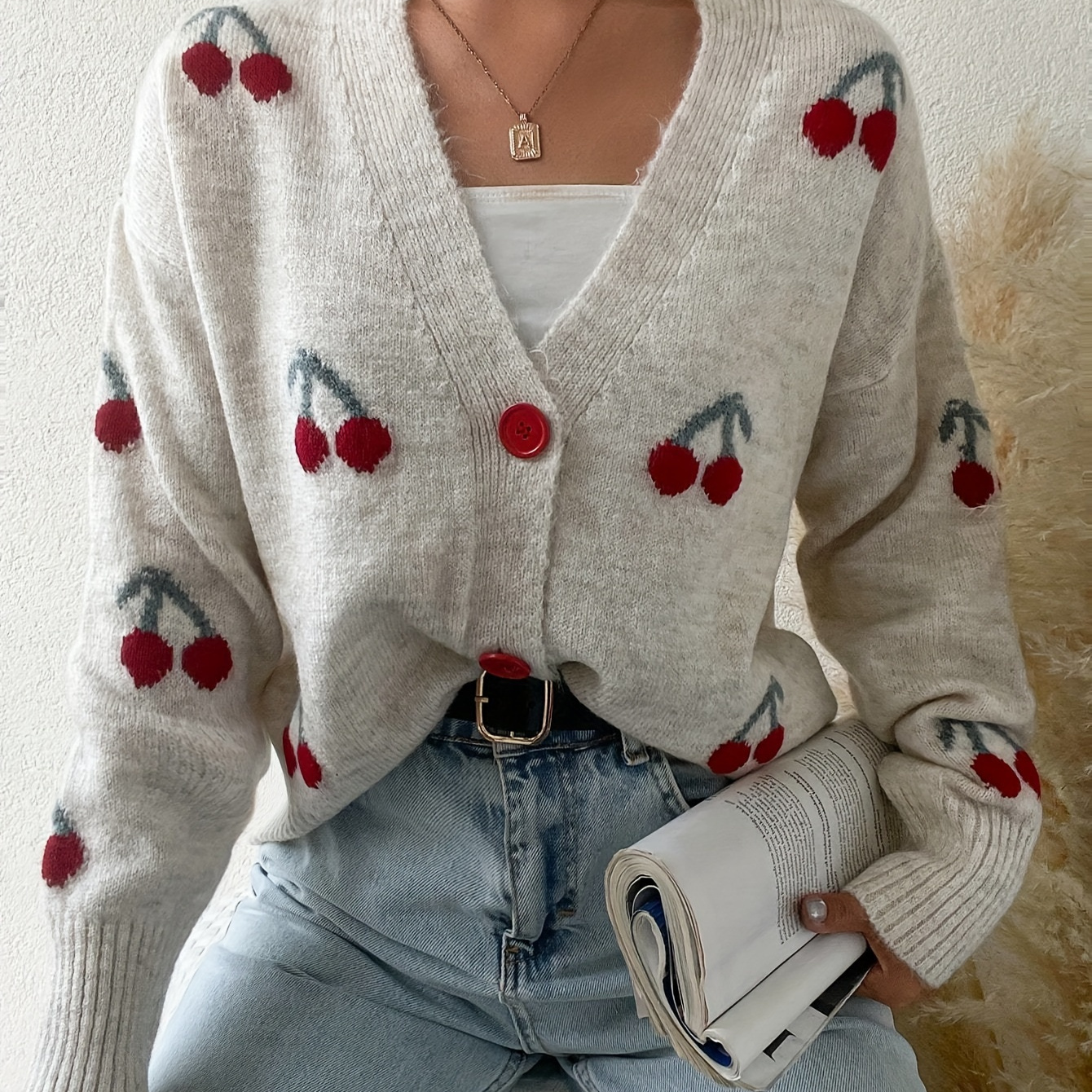 

Women's Casual Cherry Pattern Knit Cardigan - Lightweight, Loose-fit Sweater With Button Detail, Machine Washable - Fall/winter