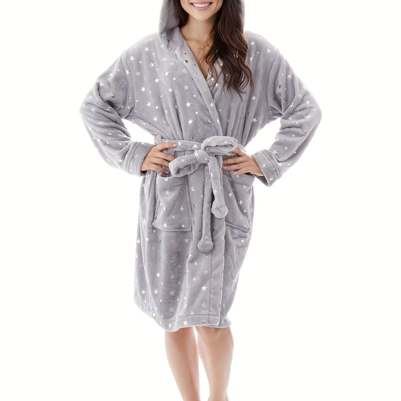 

Plush Nightgown, Casual Long Sleeve Hooded Pocketed Sleep Robe With Belt, Women's Sleepwear