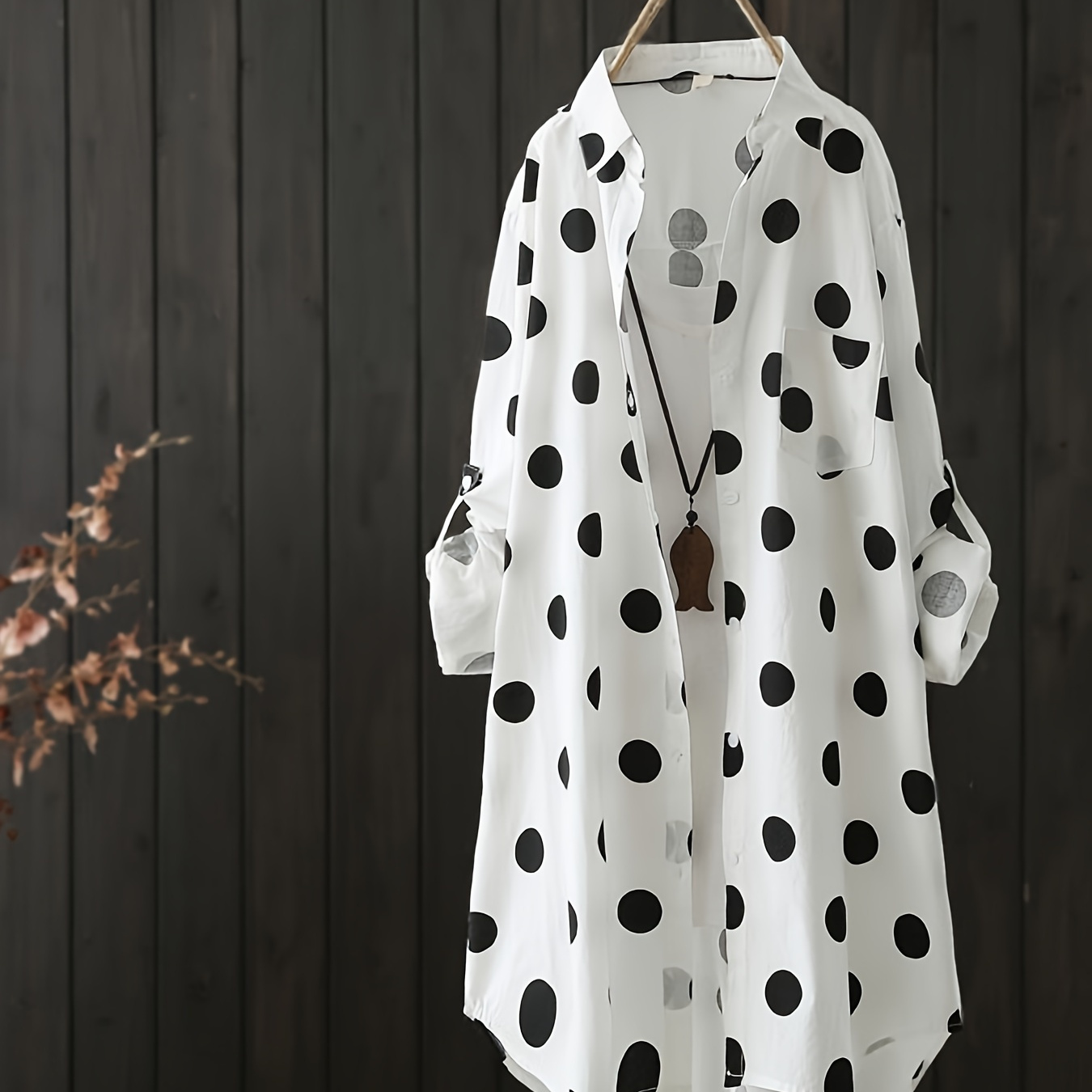 

Plus Size Polka Dot Print Shirt, Casual Long Sleeve Button Front Shirt, Women's Plus Size clothing