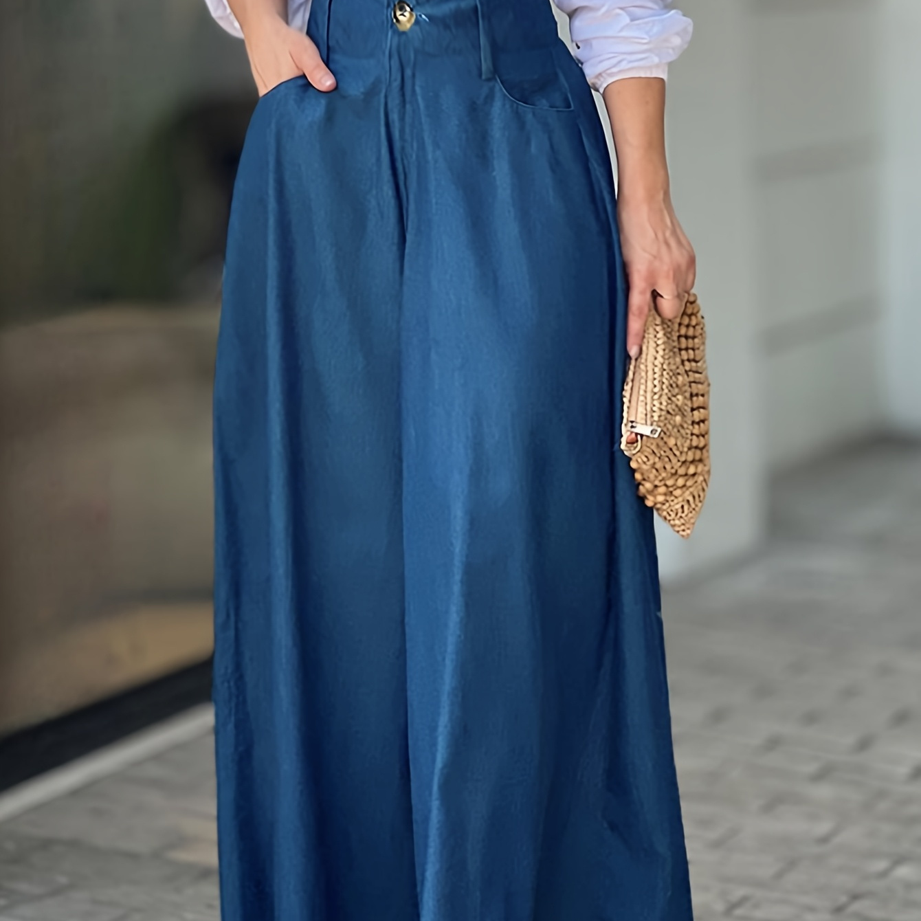 

1pc Elegant Solid Color Polyester Wide Leg Pants For Women, Commuter Denim With Pockets, Woven Weave - Adult