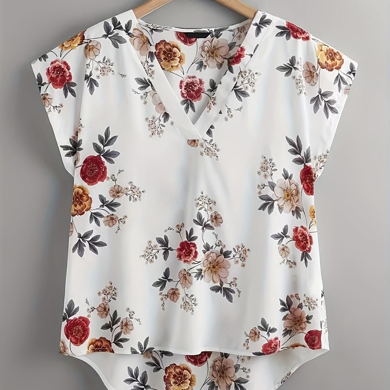 

Floral Print V Neck Blouse, Casual Short Sleeve Blouse For Spring & Summer, Women's Clothing