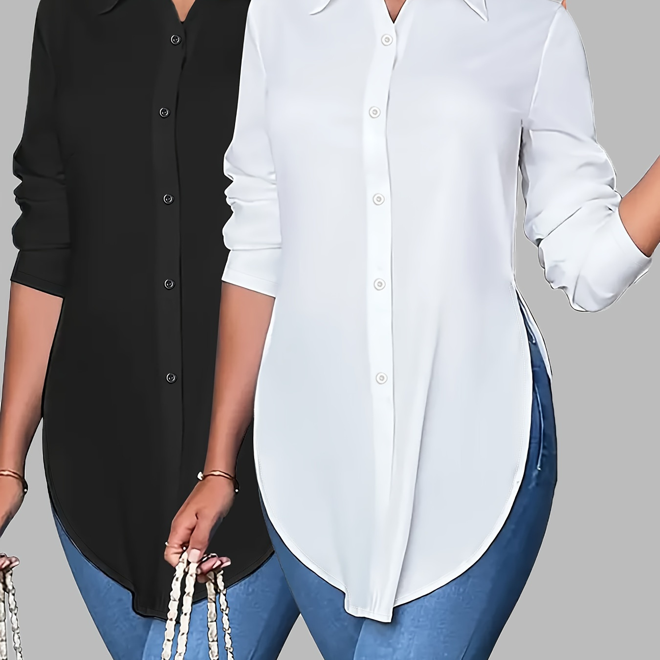 

2pcs Plus Size Women's Casual Polyester Shirts - Solid Color, Lapel Collar, Non-stretch Woven Fabric, Shirting, Women's Shirts|solid Color Tops| Fabric, Plus Size Blouses