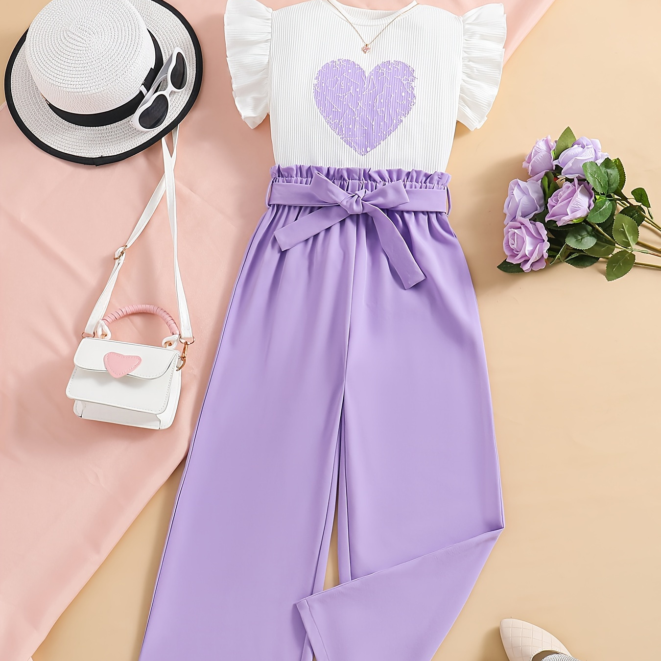 

2pcs, Heart Pattern Frill Sleeve Crew Neck T-shirt + Solid Color Wide Leg Pants With Belt Set For Girls, Versatile And Trendy Summer Gift, Fluid Pants