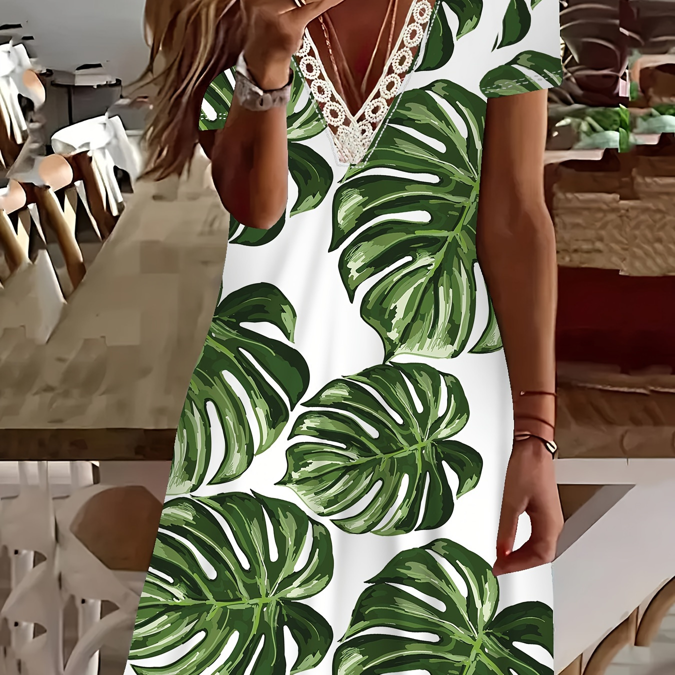 

Plus Size Leaf Print Dress, Casual Short Sleeve V Neck Dress For Spring & Summer, Women's Plus Size Clothing