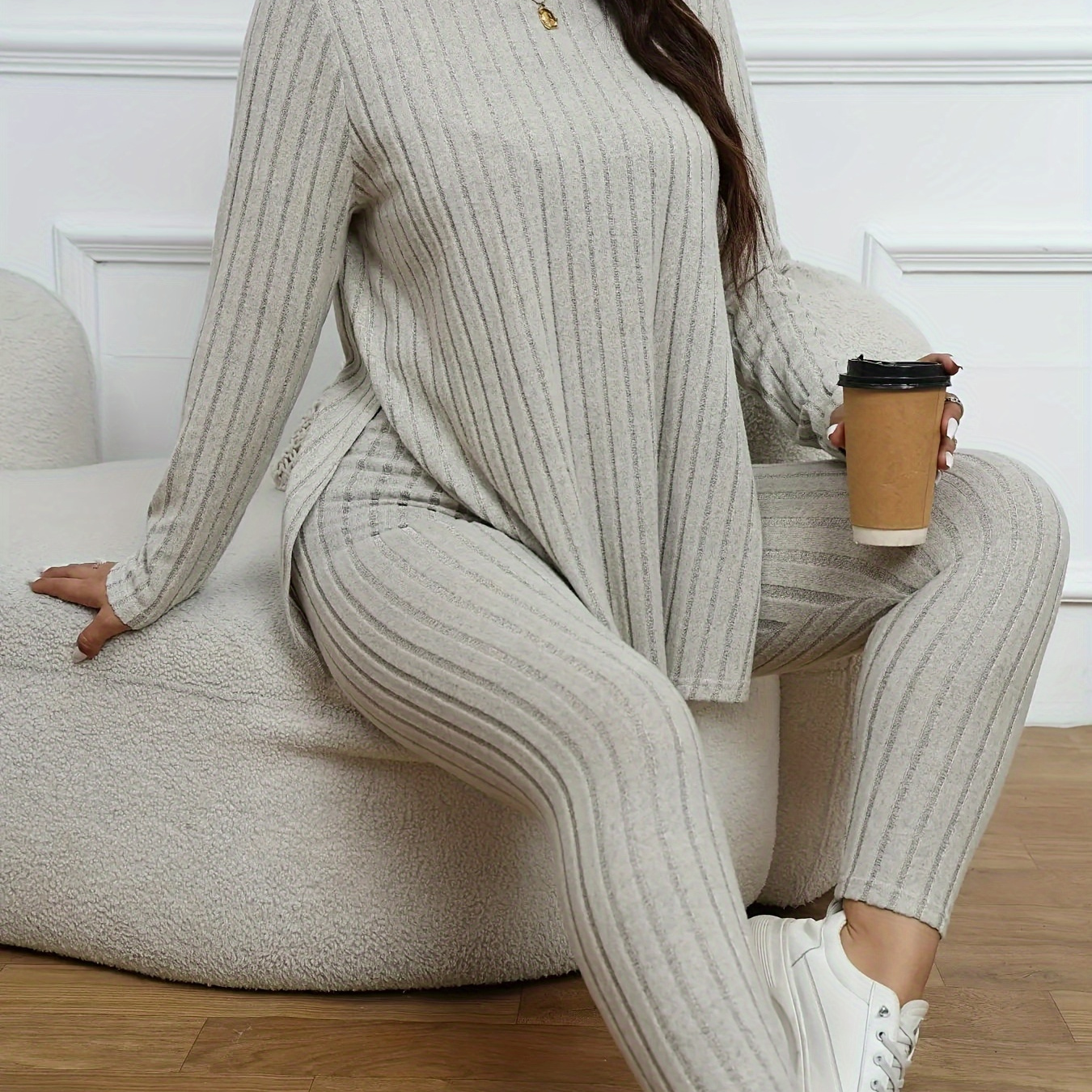 

Plus Size Casual Outfits Set, Women's Plus Solid Ribbed Long Sleeve Round Neck Split Hem Top & Pants Outfits 2 Piece Set