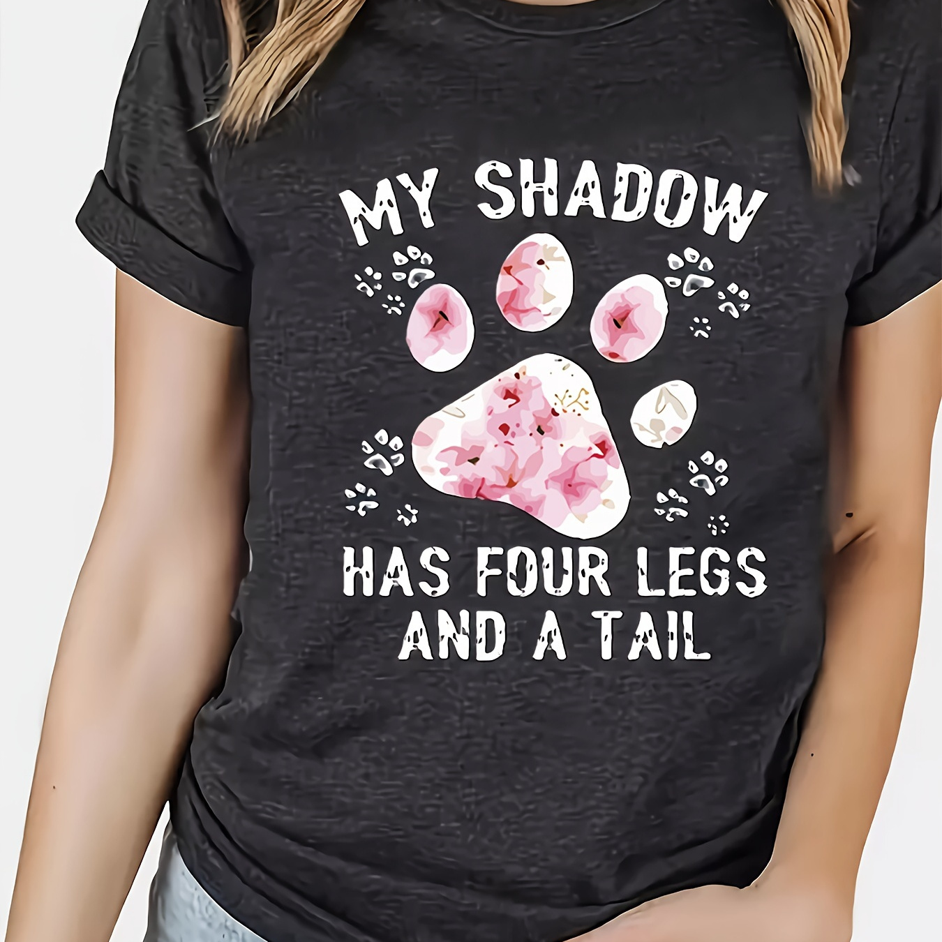 

Plus Size Dog Paw Print T-shirt, Short Sleeve Crew Neck Casual Top For Summer & Spring, Women's Plus Size Clothing