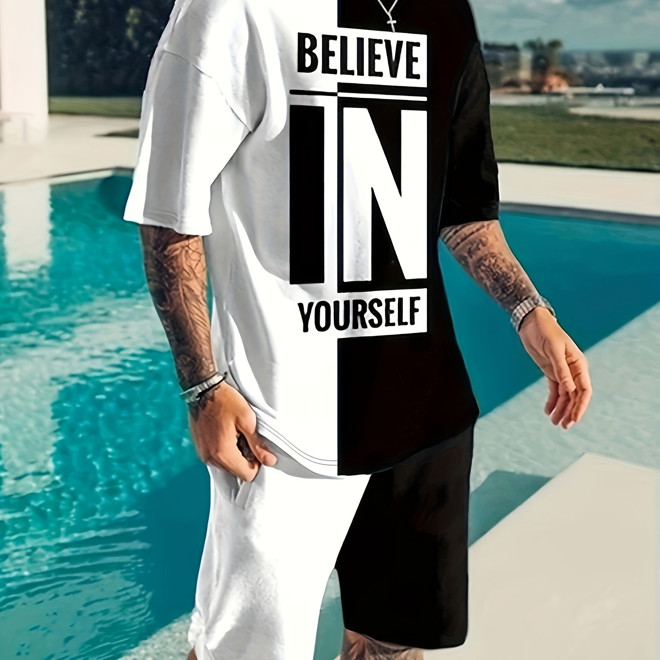 

Believe In Yourself Print, Men's 2pcs Outfits, Casual Crew Neck Short Sleeve T-shirt And Drawstring Shorts Set For Summer, Men's Clothing