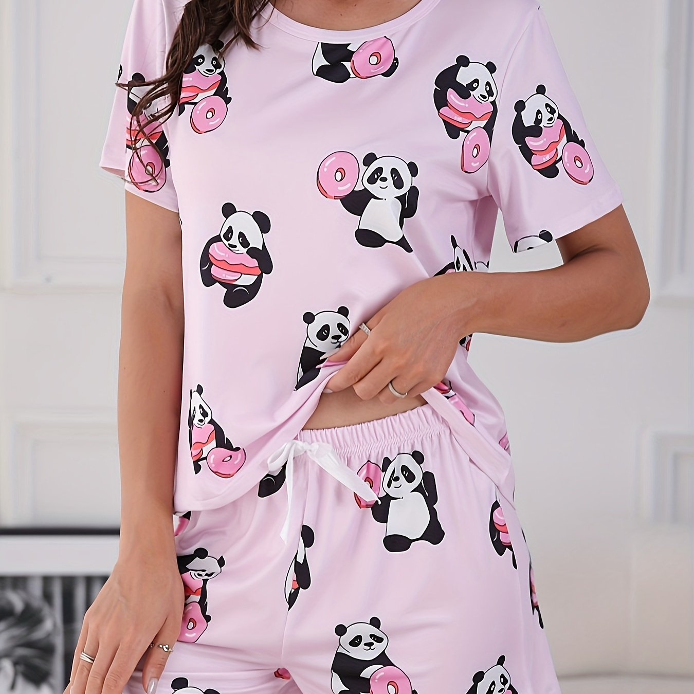 

Women's Cute Panda With Donut Print Pajama Set, Short Sleeve Round Neck Top & Shorts, Comfortable Relaxed Fit, Summer Nightwear