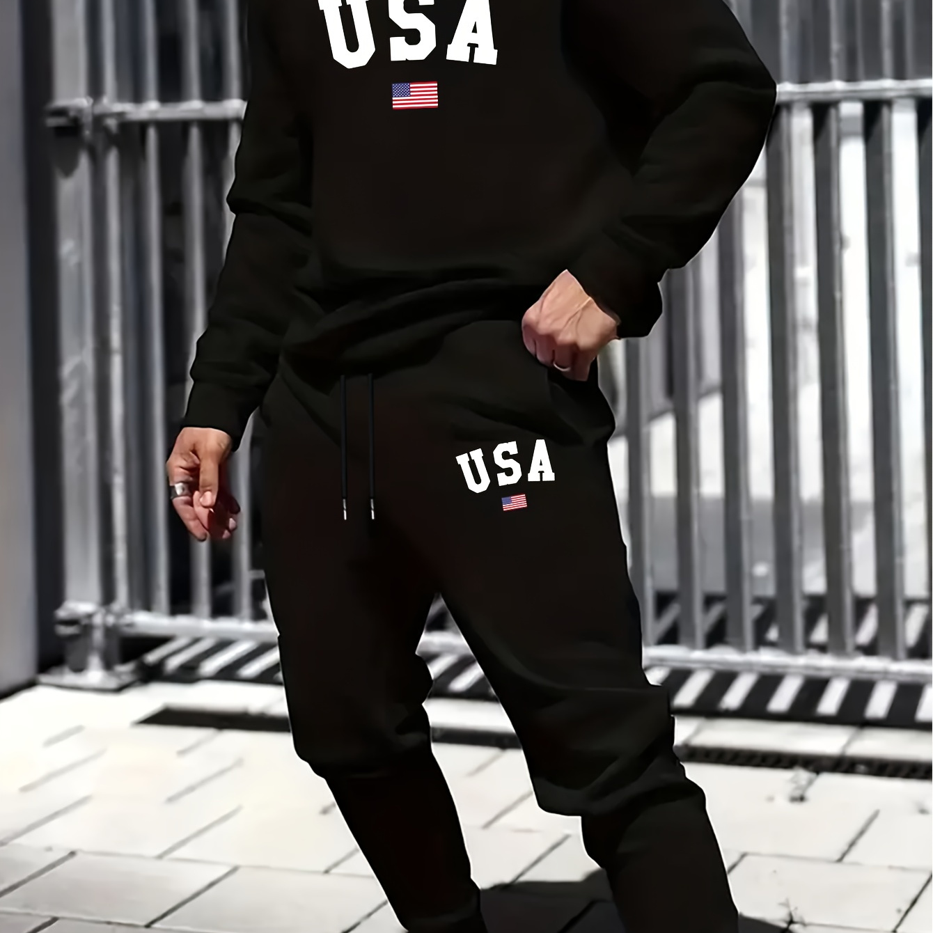 

Usa Print Men's 2pcs Co Ord Set, Fashion Round Neck Long Sleeves Sweatshirt & Versatile Comfy Sweatpants Set, Ideal For Autumn And Winter Wear