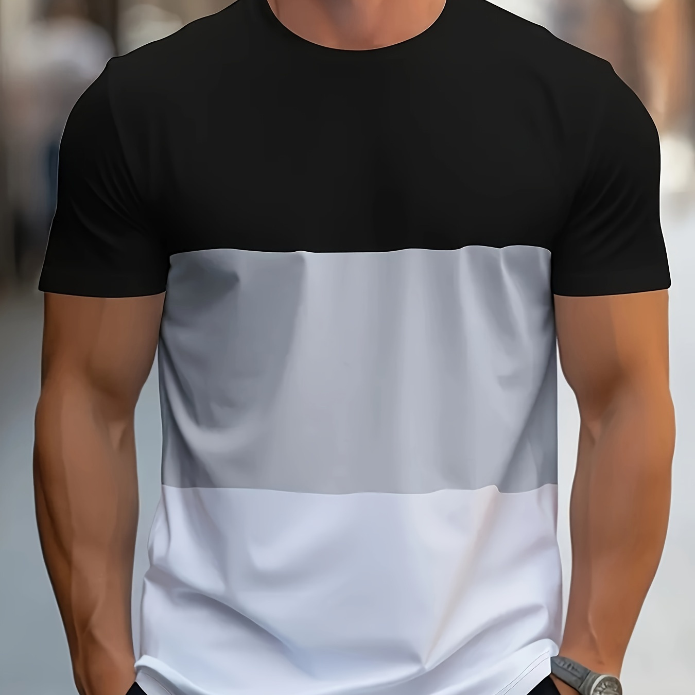 

Men's Colorblock T-shirt For Summer, Creative Design Short Sleeve Tees For Males