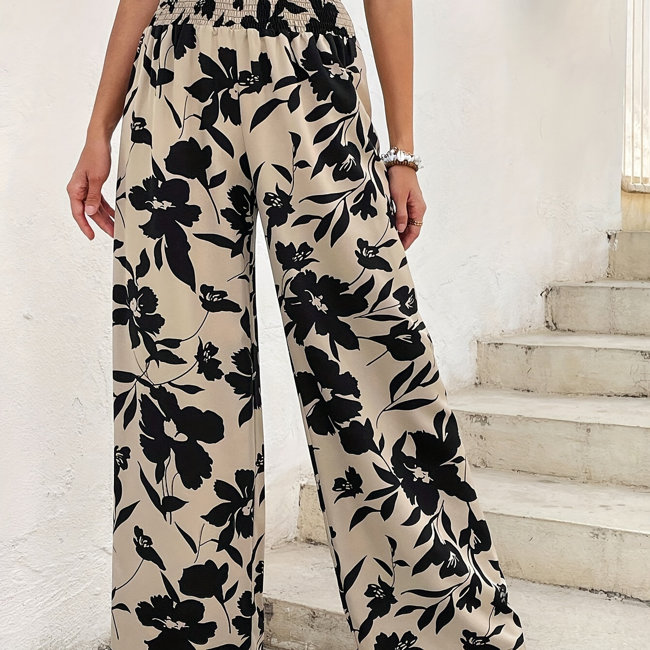 

Floral Print Wide Leg Pants, Vacation Shirred Waist Loose Pants For Spring & Summer, Women's Clothing