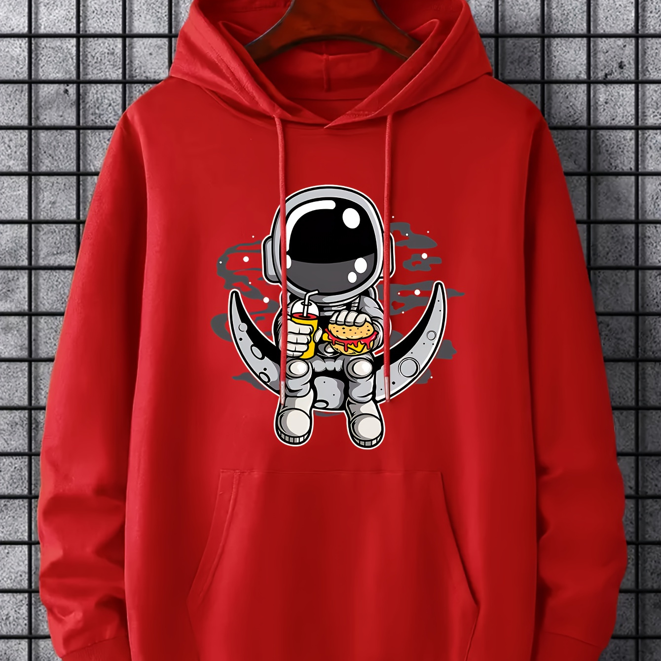 

Cartoon Astronaut & Moon Print Hoodie, Hoodies For Men, Men's Casual Graphic Design Pullover Hooded Sweatshirt With Kangaroo Pocket Streetwear For Winter Fall, As Gifts