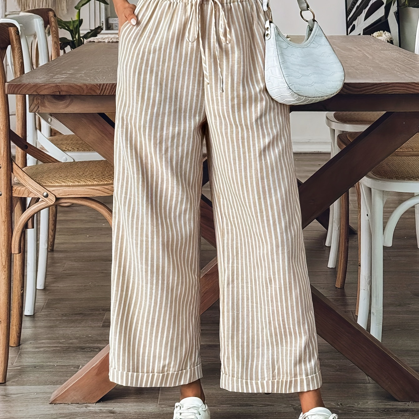 

Women's Casual Striped Straight-leg Pants, Polyester And Elastane , Machine Washable - Fall Collection