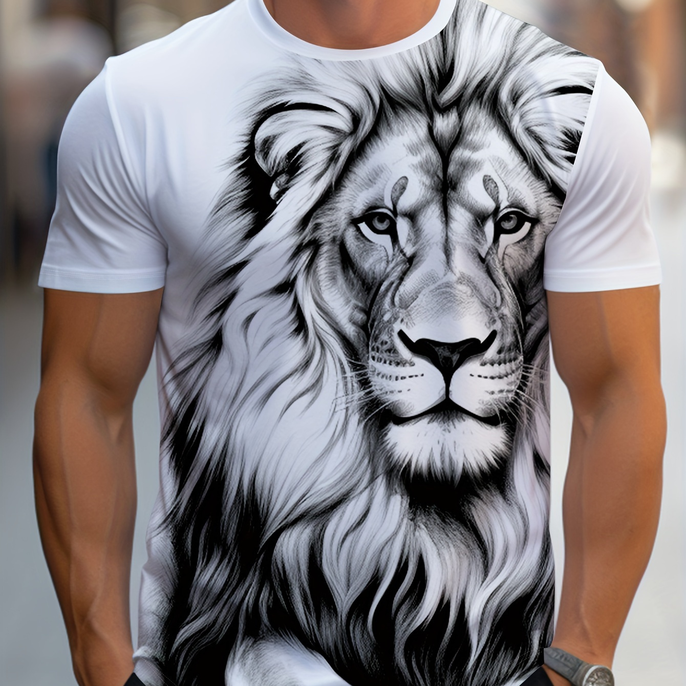 

Lion Print T-shirt, Men's Casual Street Style Stretch Round Neck Tee Shirt For Summer
