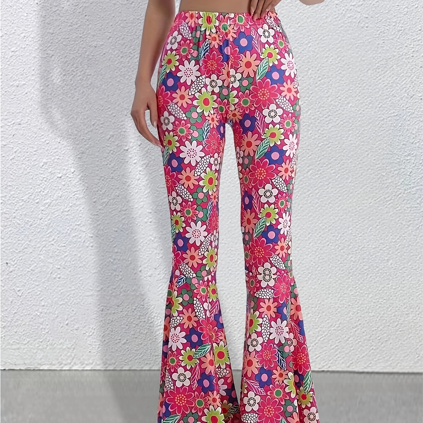 

1pc Retro Floral Print Flare Leg Pants For Women, Polyester Knit Fabric, Regular Fit Long Trousers, Casual Bell Bottoms