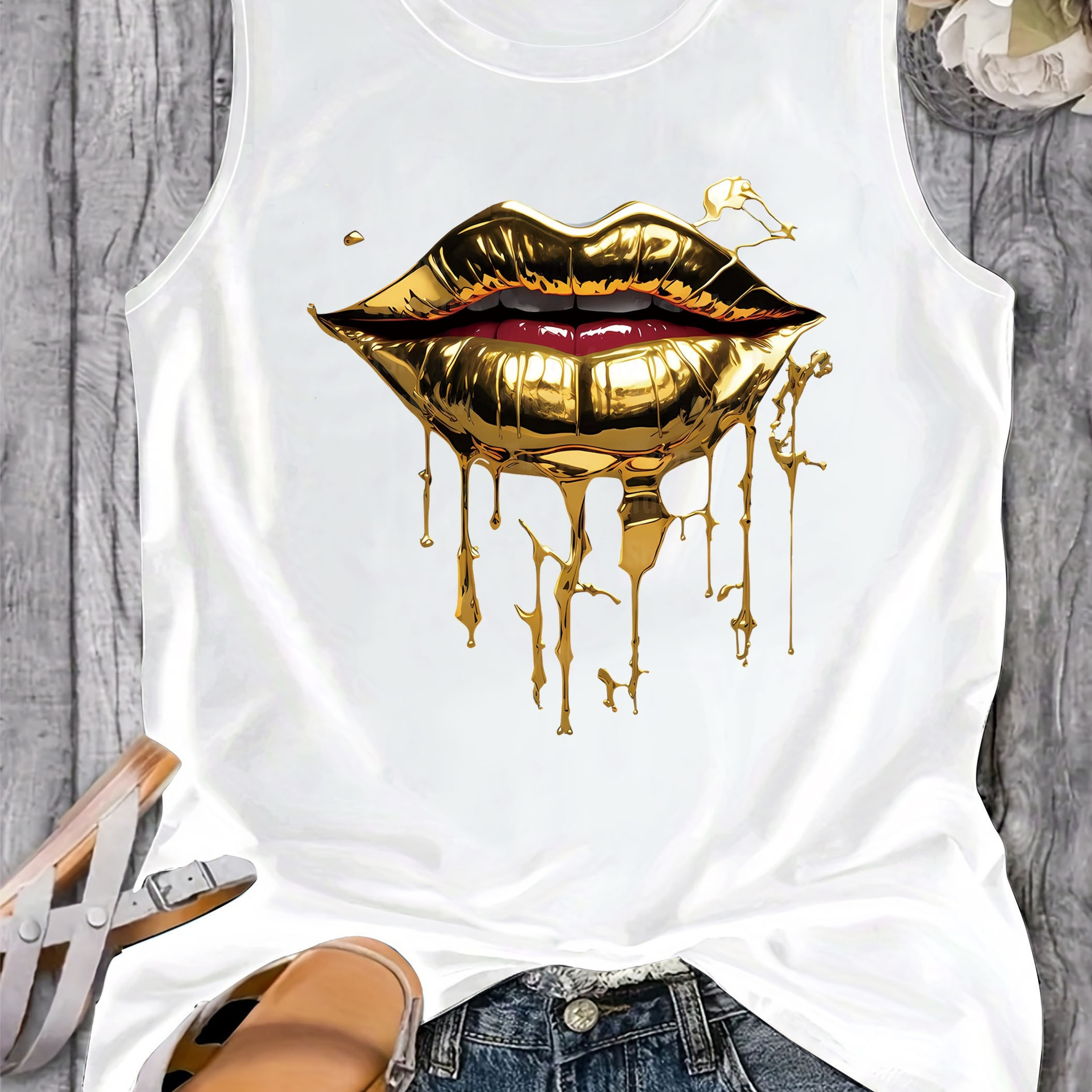 

Lip Print Crew Neck Tank Top, Casual Sleeveless Tank Top For Spring & Summer, Women's Clothing