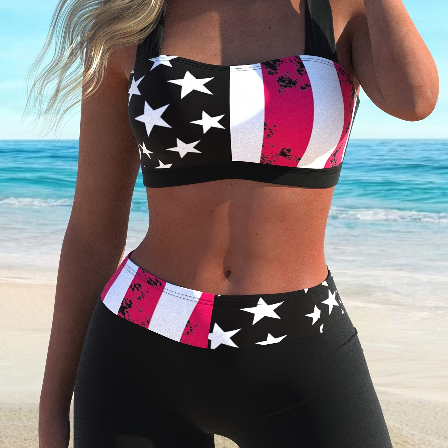 

American Flag Print Criss Cross 2 Piece Set Bikini, High Stretch Ring Knot Back Top & Boxer Shorts Swimsuits, Women's Swimwear & Clothing