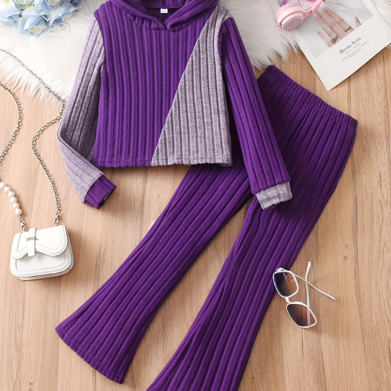 

2pcs, Girl's Ribbed Long Sleeves Knit & Long Pants Co Ord Set For , Fall & , As , Cloth