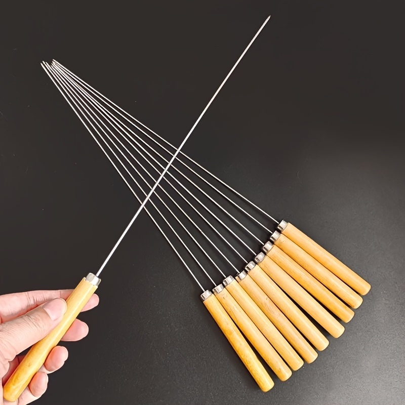 

10pcs Stainless Steel Grilling Skewers With Wooden Handle Heat-proof Grilling Tools, Outdoor Camping Picnic, Cookware Barbecue Tool Accessories