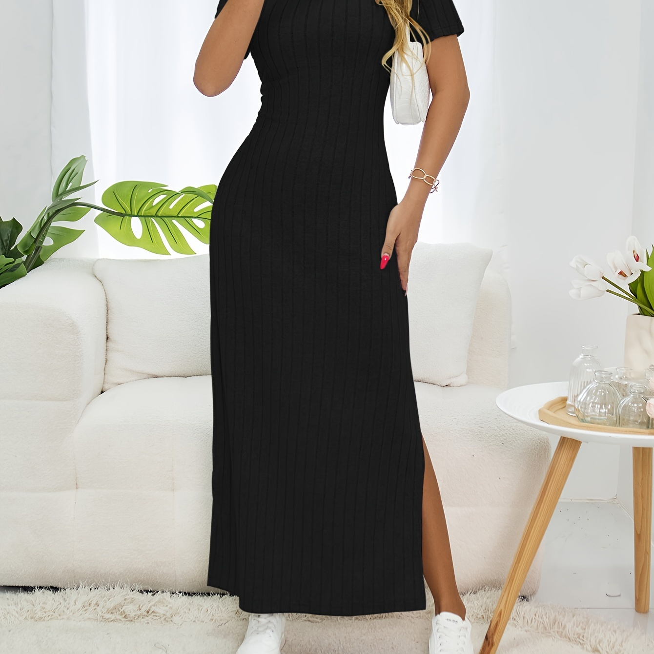 

Solid Ribbed Side Split Dress, Casual Crew Neck Short Sleeve Knitted Dress For Spring & Summer, Women's Clothing