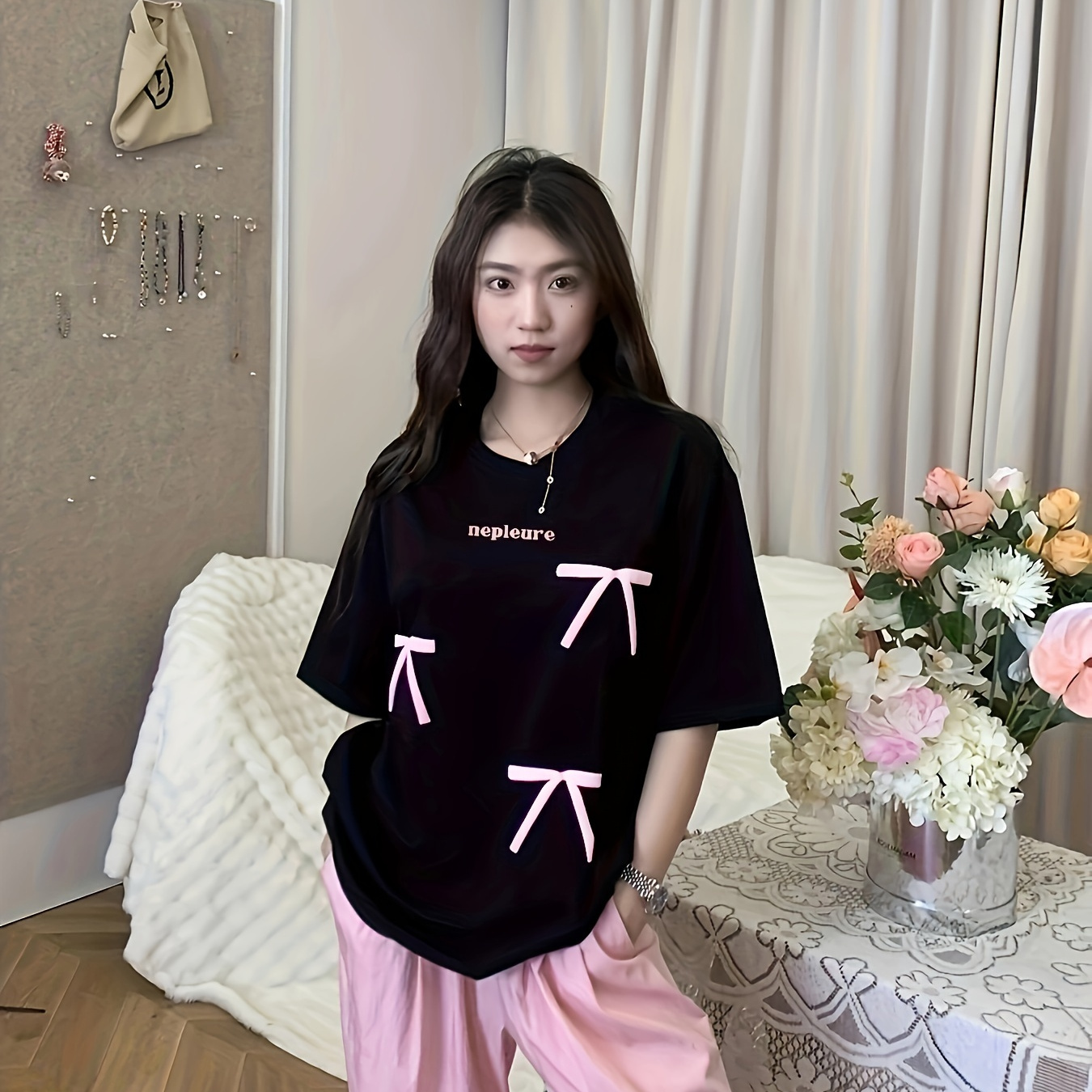 

Bow Print Crew Neck T-shirt, Casual Loose Short Sleeve T-shirt For Spring & Summer, Women's Clothing
