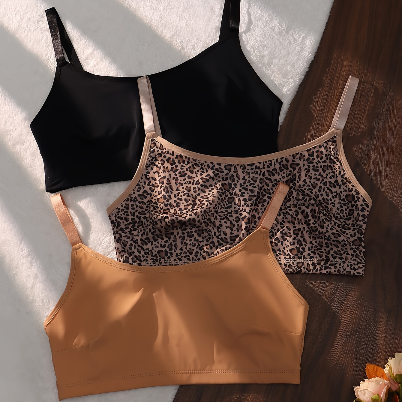 

3pcs Women's Plus Sexy Bra, Plus Size Solid & Leopard Print Seamless Non Padded Bralette