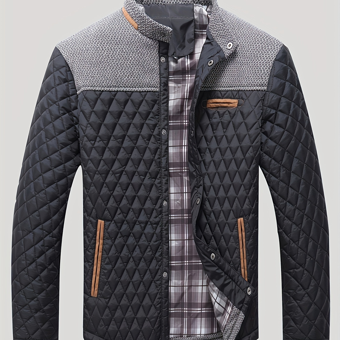 

Casual Color Block Men's Warm Long Sleeve Button Up Stand Collar Jacket With Pockets For Winter
