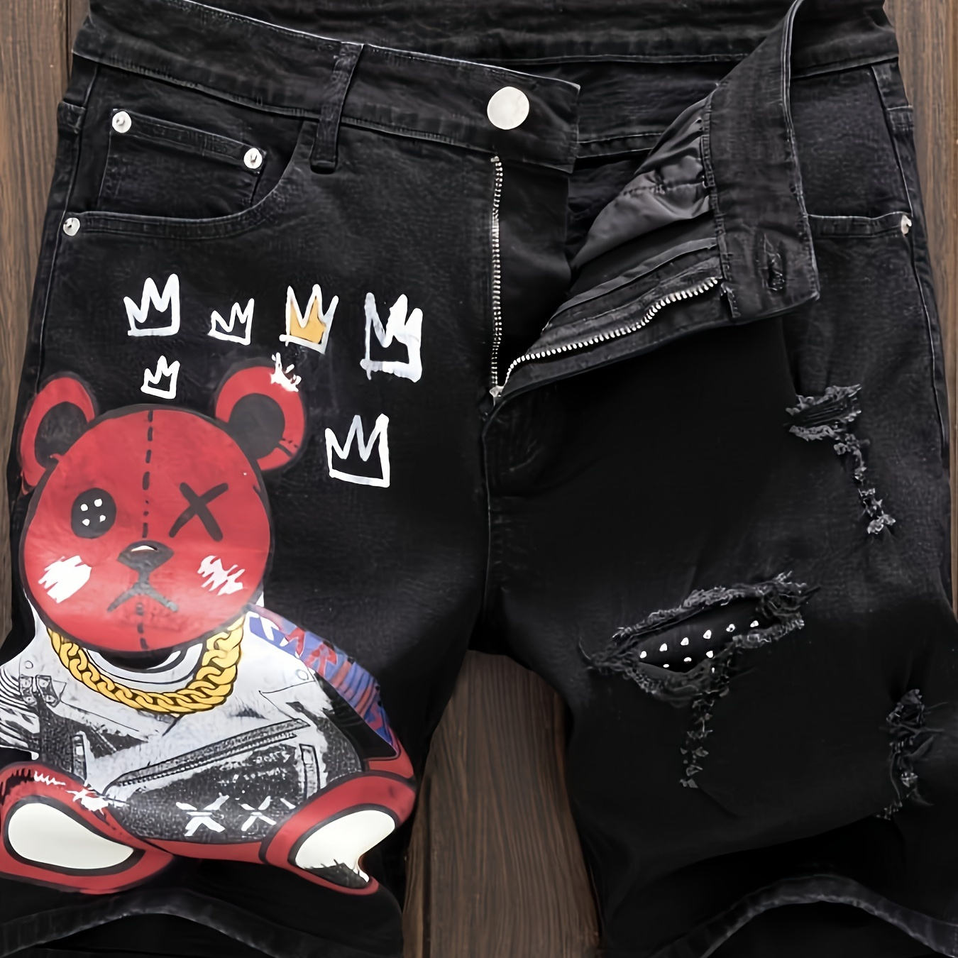 

Men's Fashion Red Bear Print Ripped Denim Shorts, Vintage Style Casual Distressed Jeans Shorts, Summer Jorts, Bermuda Shorts