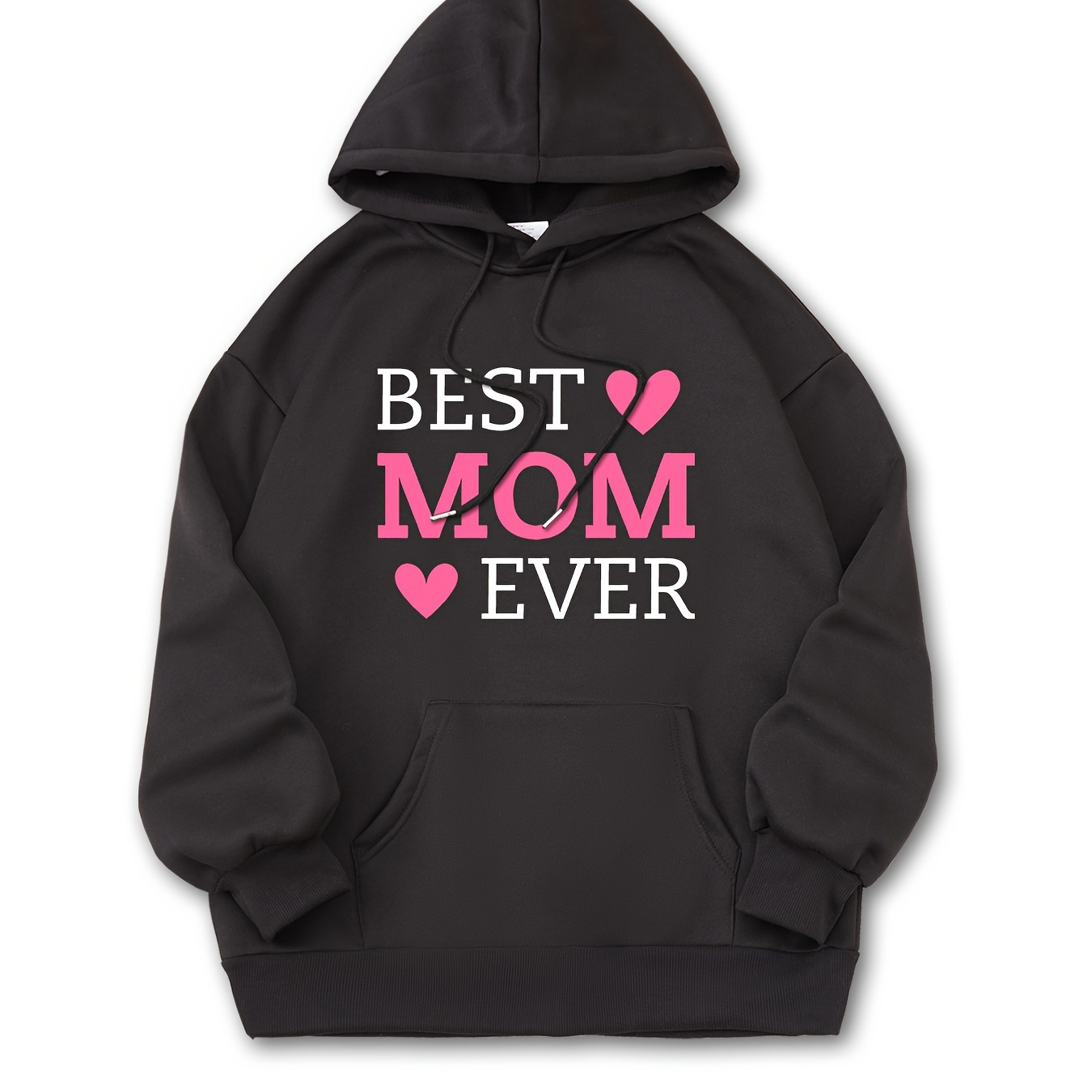 

Best Mom Ever Print Solid Color Drawstring Hoodie, Pullover Kangaroo Pocket Active Hooded Sweatshirt, Women's Sweatshirts