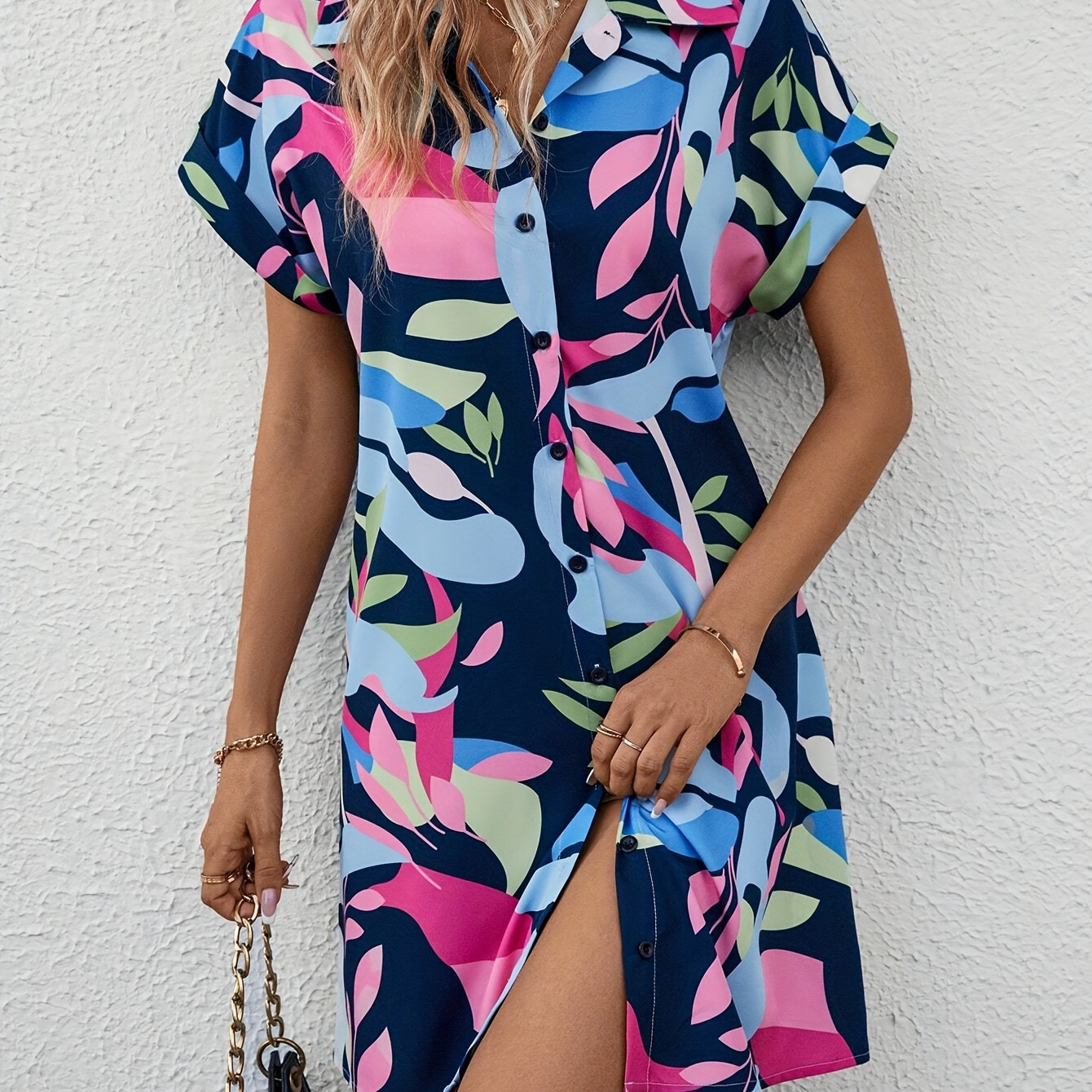 

Leaf Print Button Front Dress, Casual Short Sleeve Shirt Dress Dress For Spring & Summer, Women's Clothing