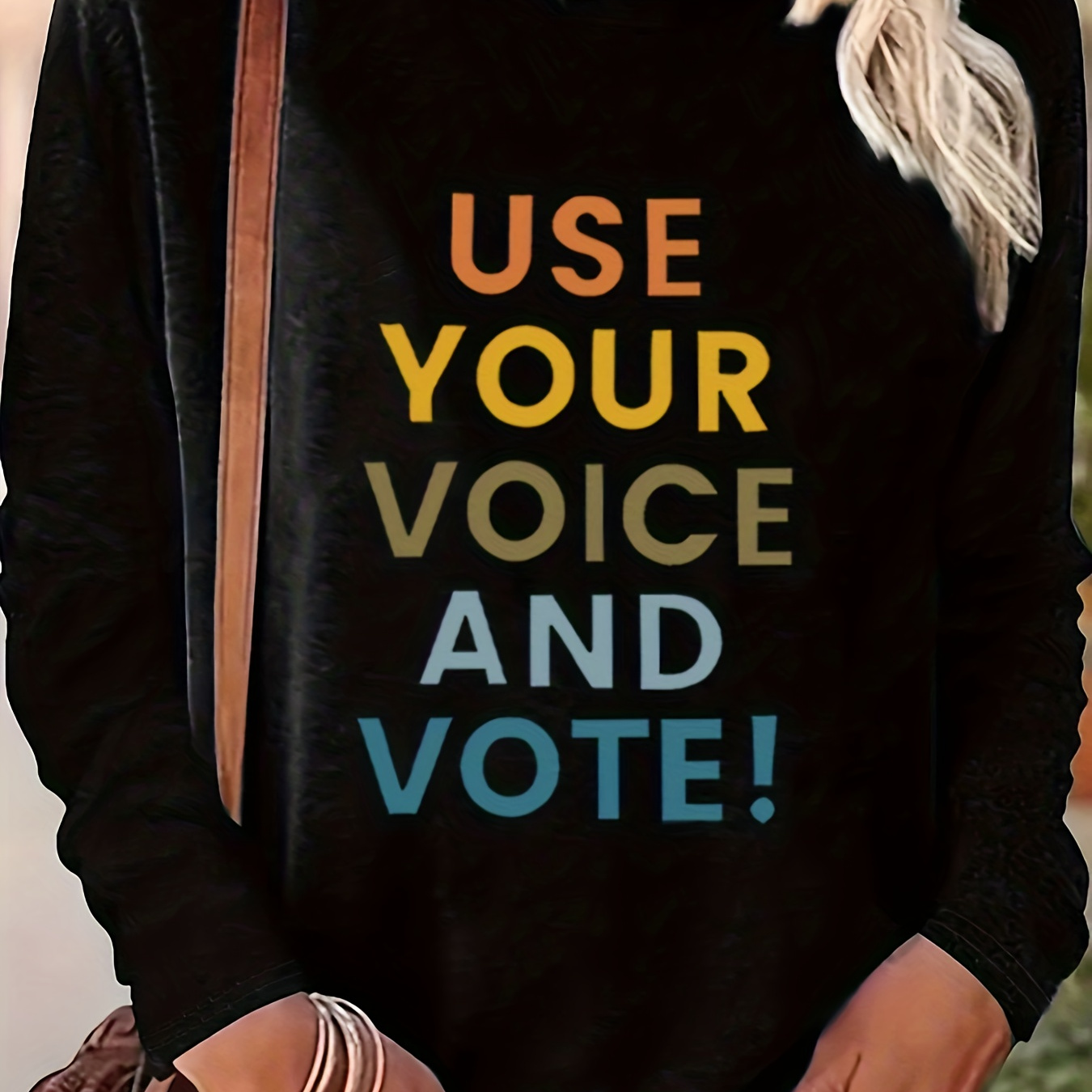 

Women's Casual Long Sleeve T-shirt With " And Vote" Print, Soft Polyester Knit Fabric, Round Neck, All-season Comfort