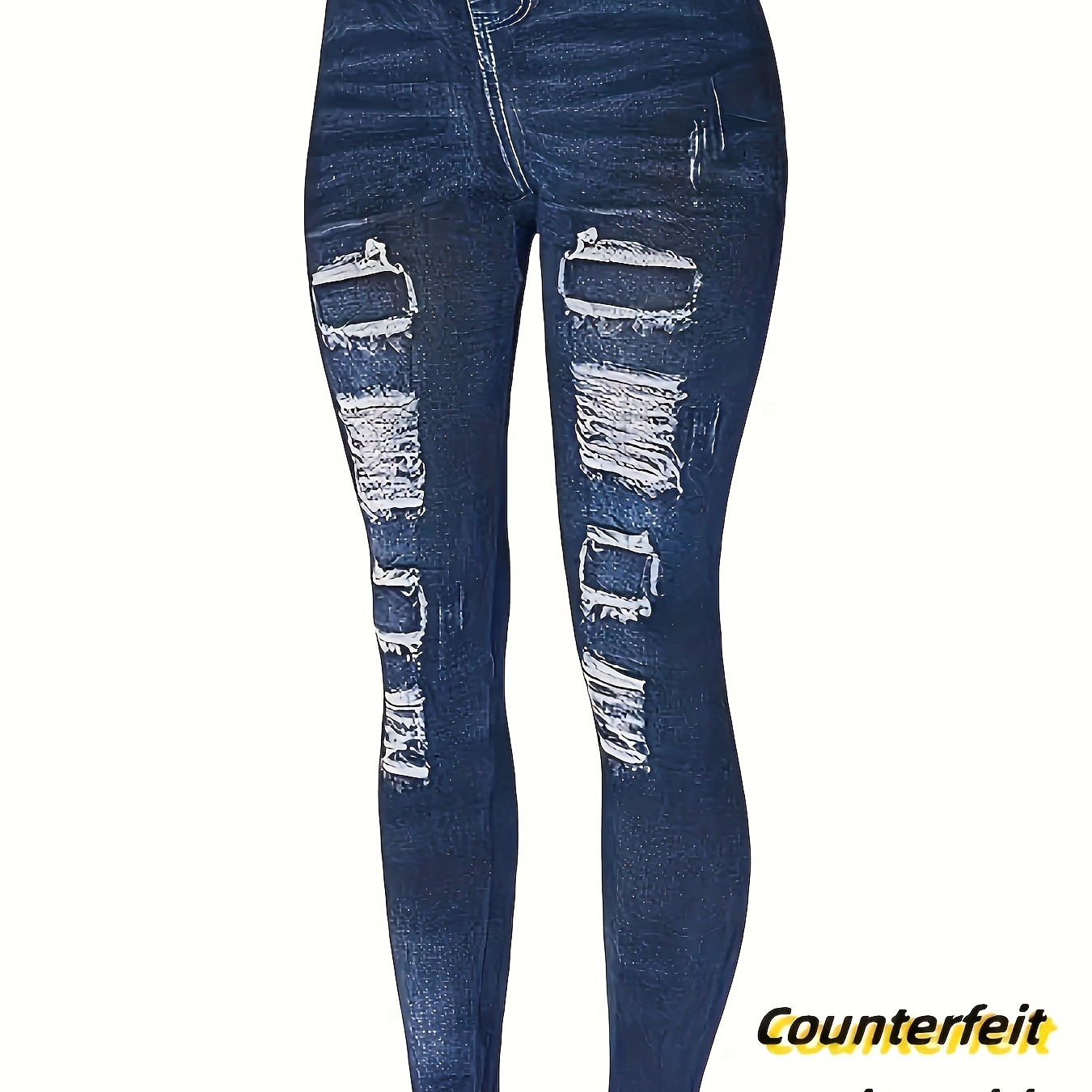 

Women's High-waisted Ripped Denim Jeans, Fashionable Stretchy Knit Fabric Pants, 95% Polyester 5% Spandex, Printed Design