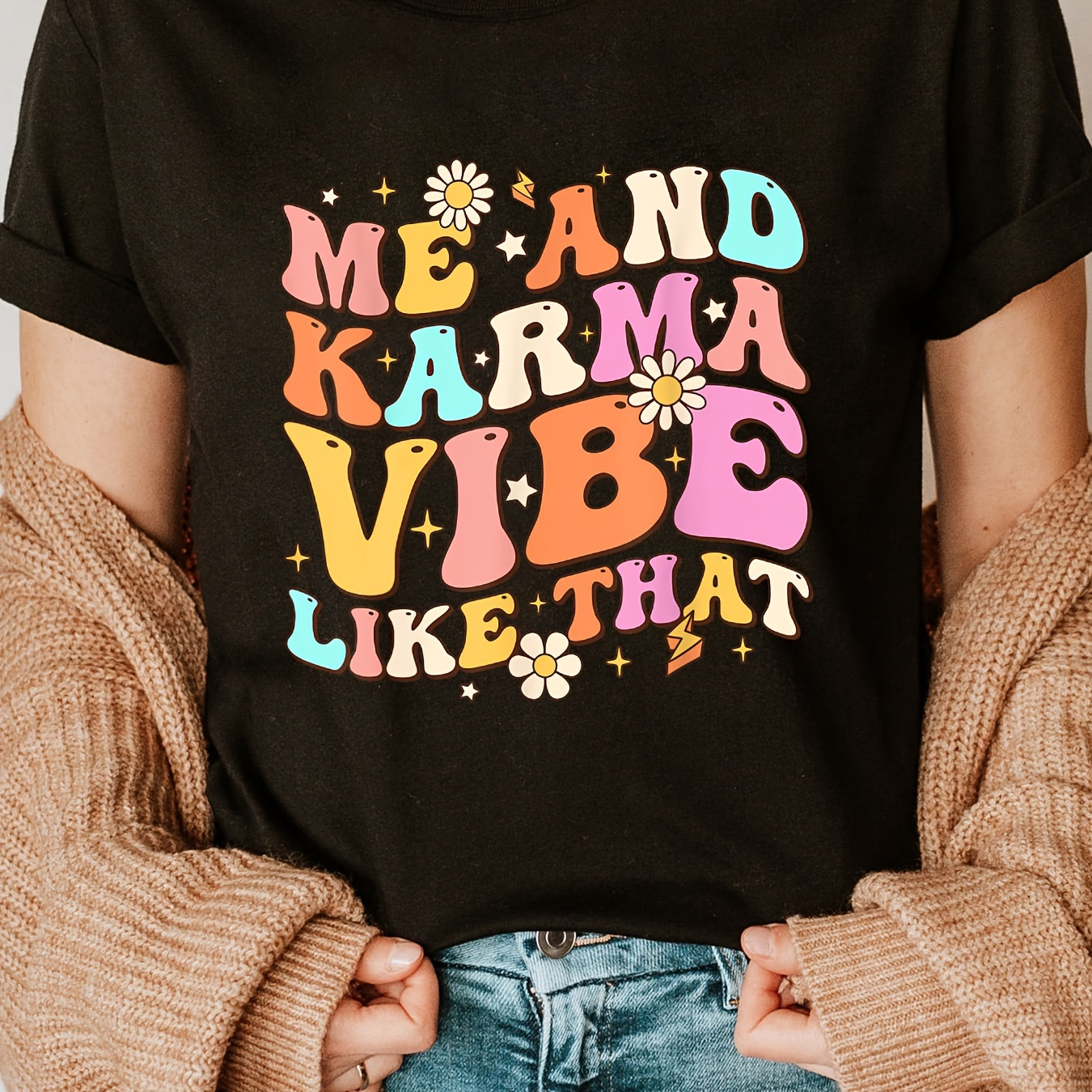 

Karma Vibe Print Crew Neck T-shirt, Short Sleeve Casual Top For Summer & Spring, Women's Clothing