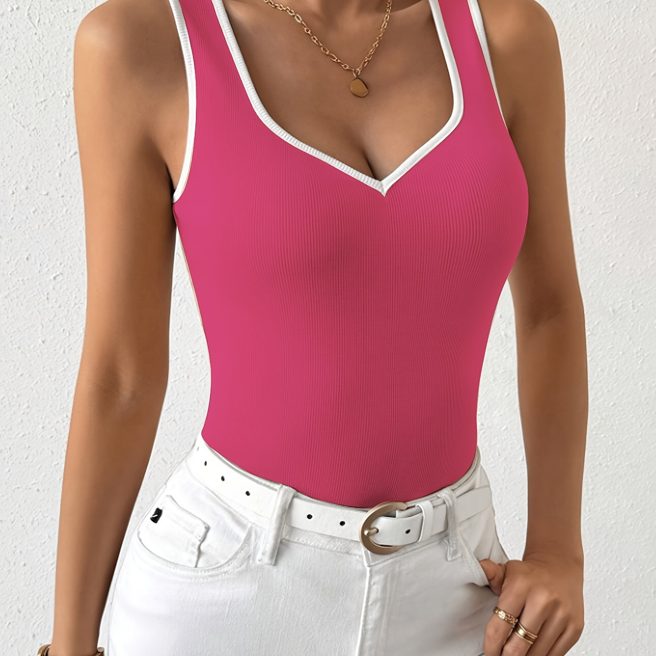 

Contrast Trim Tank Top, Elegant Sleeveless Tank Top For Summer, Women's Clothing
