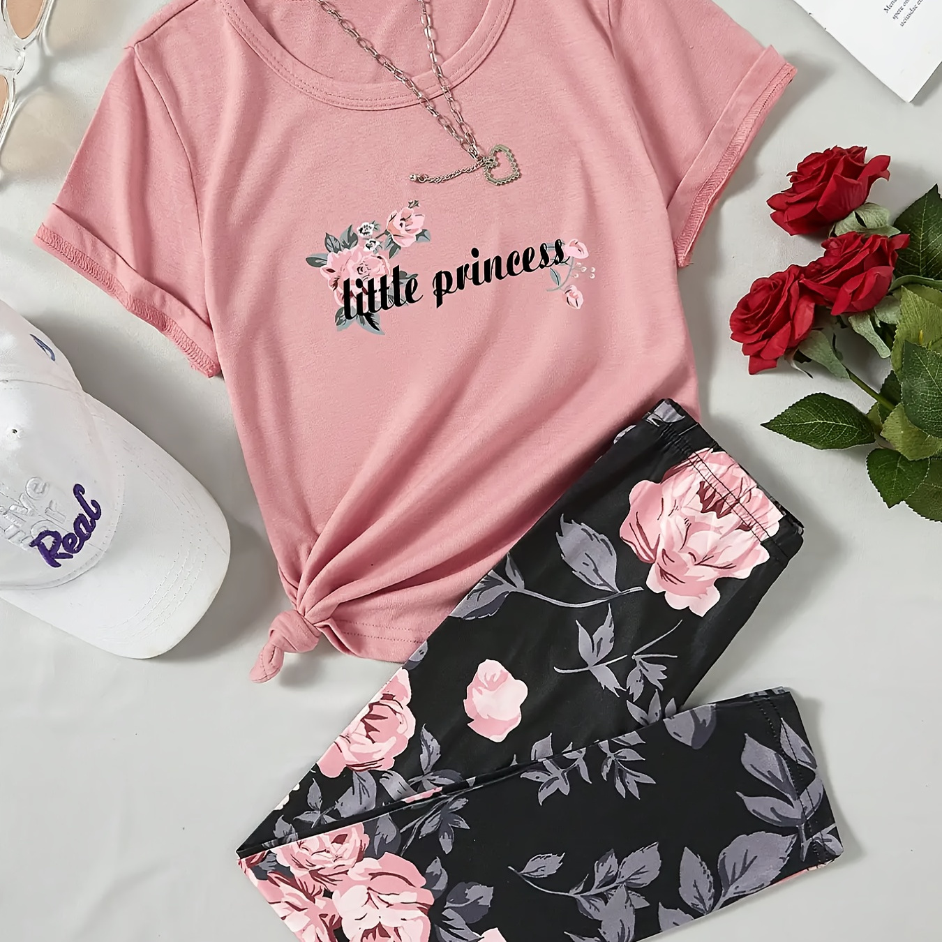 

Graffiti Letters & Roses Graphic Print, Girls Stylish & Comfy Outfit, 2pcs/set Short Sleeve Tee & Trousers
