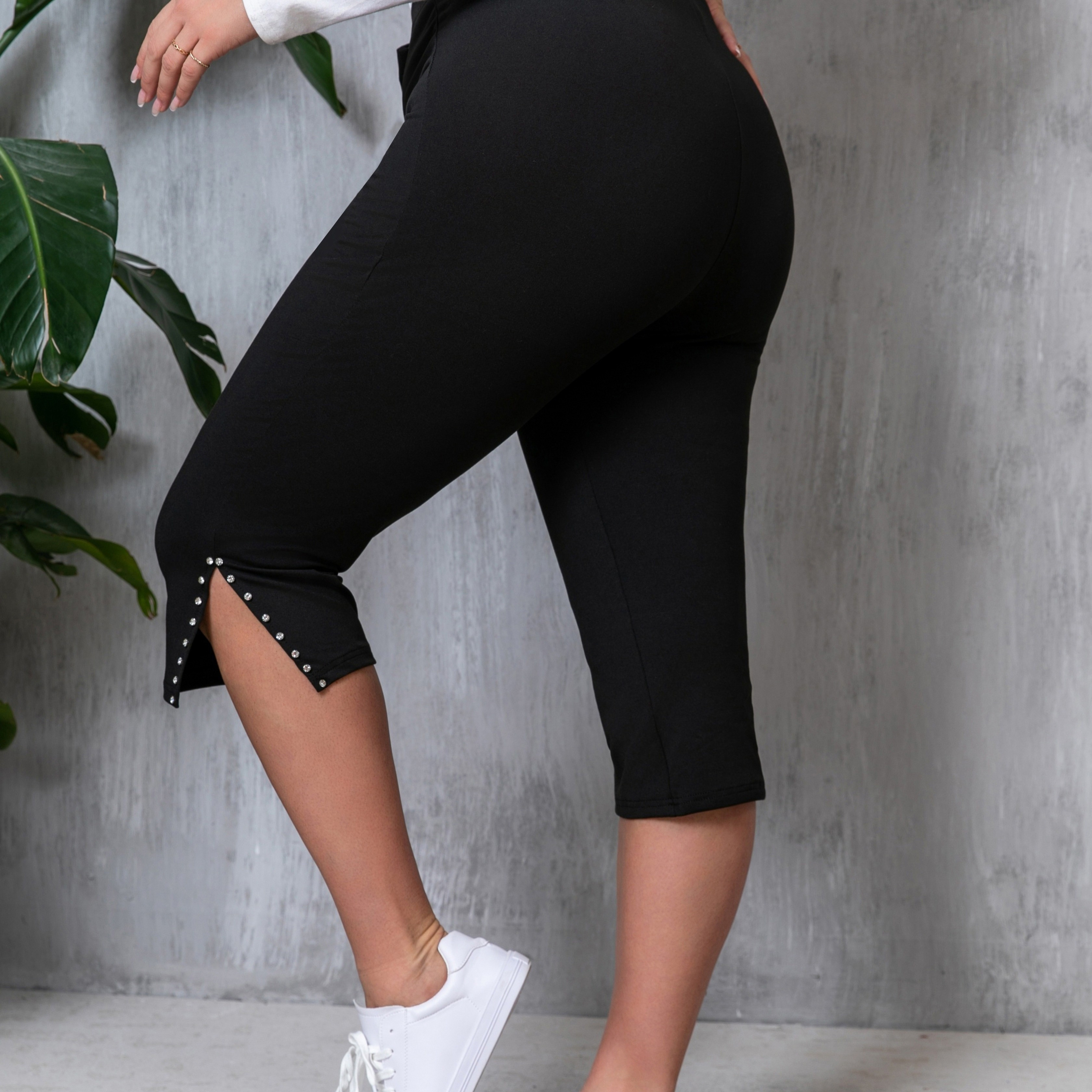 

Plus Size Side Split Skinny Leggings, Casual Every Day Stretchy Capris Leggings, Women's Plus Size clothing