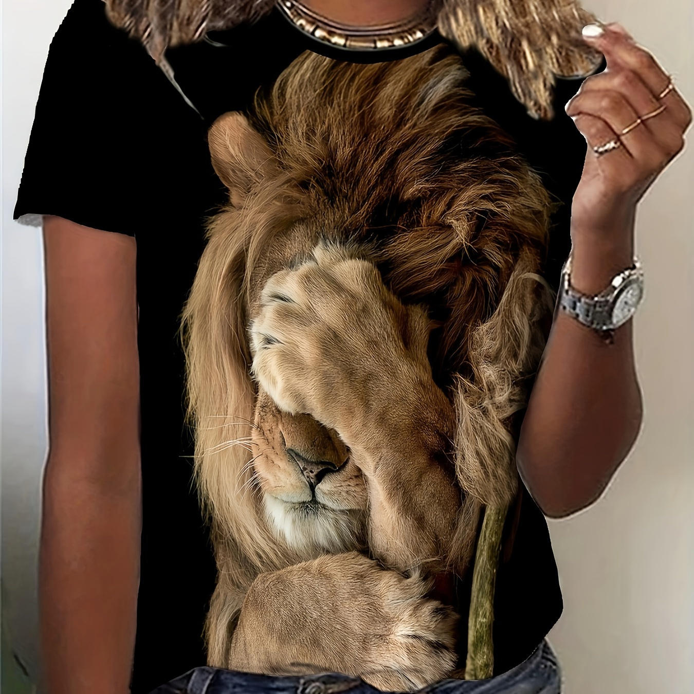 

Lion Print T-shirt, Short Sleeve Crew Neck Leisure T-shirt For Spring & Summer, Women's Clothing