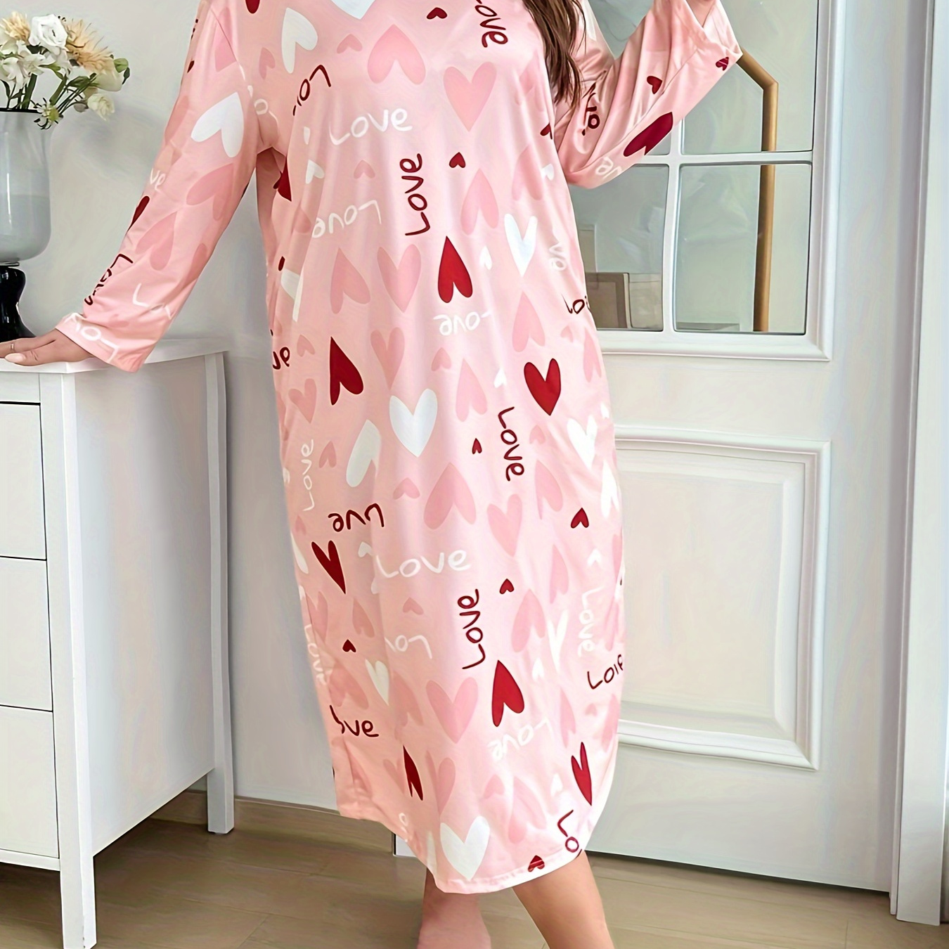 

Cozy Plus Size Women' Dress Print - Long Sleeve, Round Neck Pullover Nightgown, Machine Washable