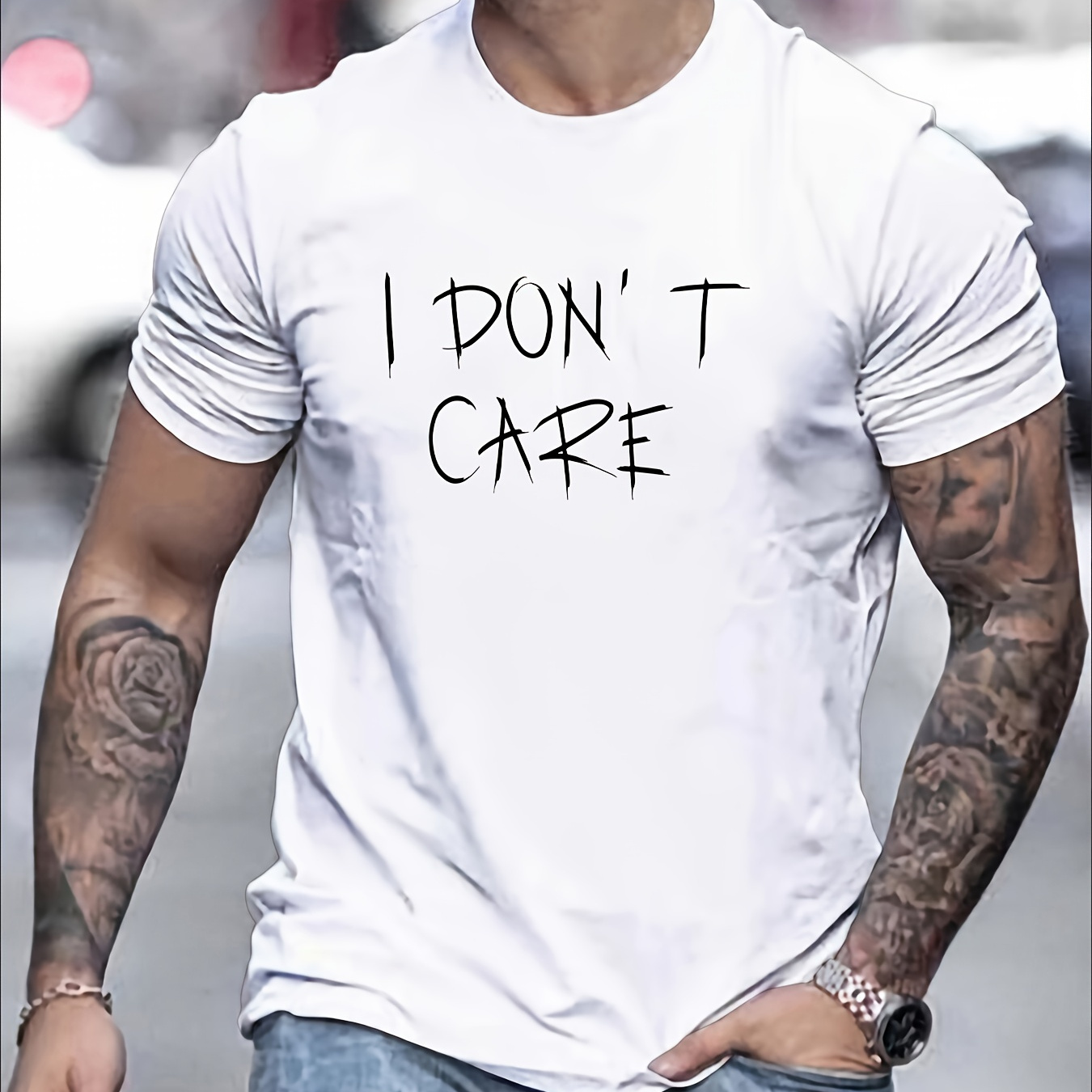 

I Don't Care Print T-shirt, Tees For Men, 100% Cotton Comfortable Casual Short Sleeve T-shirt For Summer