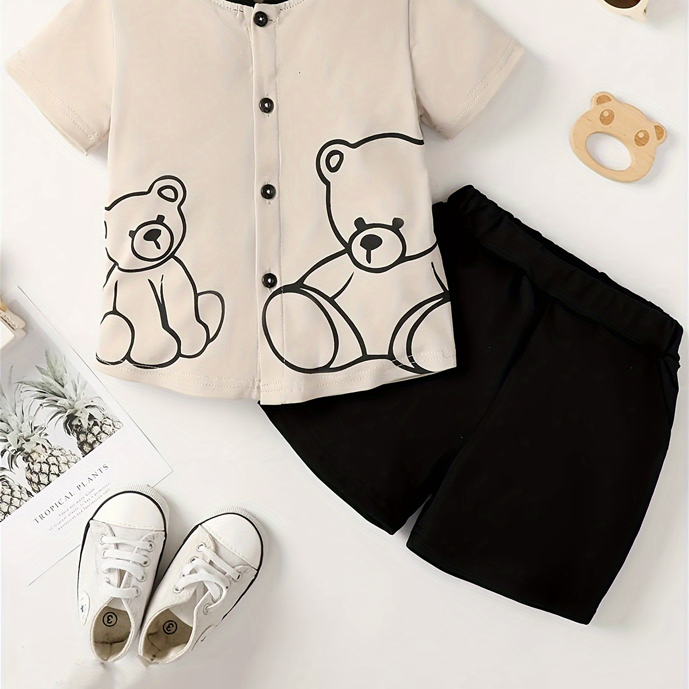 

2pcs Toddler's Cute Bear Print Summer Set, Button Front Short Sleeve Shirt & Casual Shorts, Baby Boy's Clothing