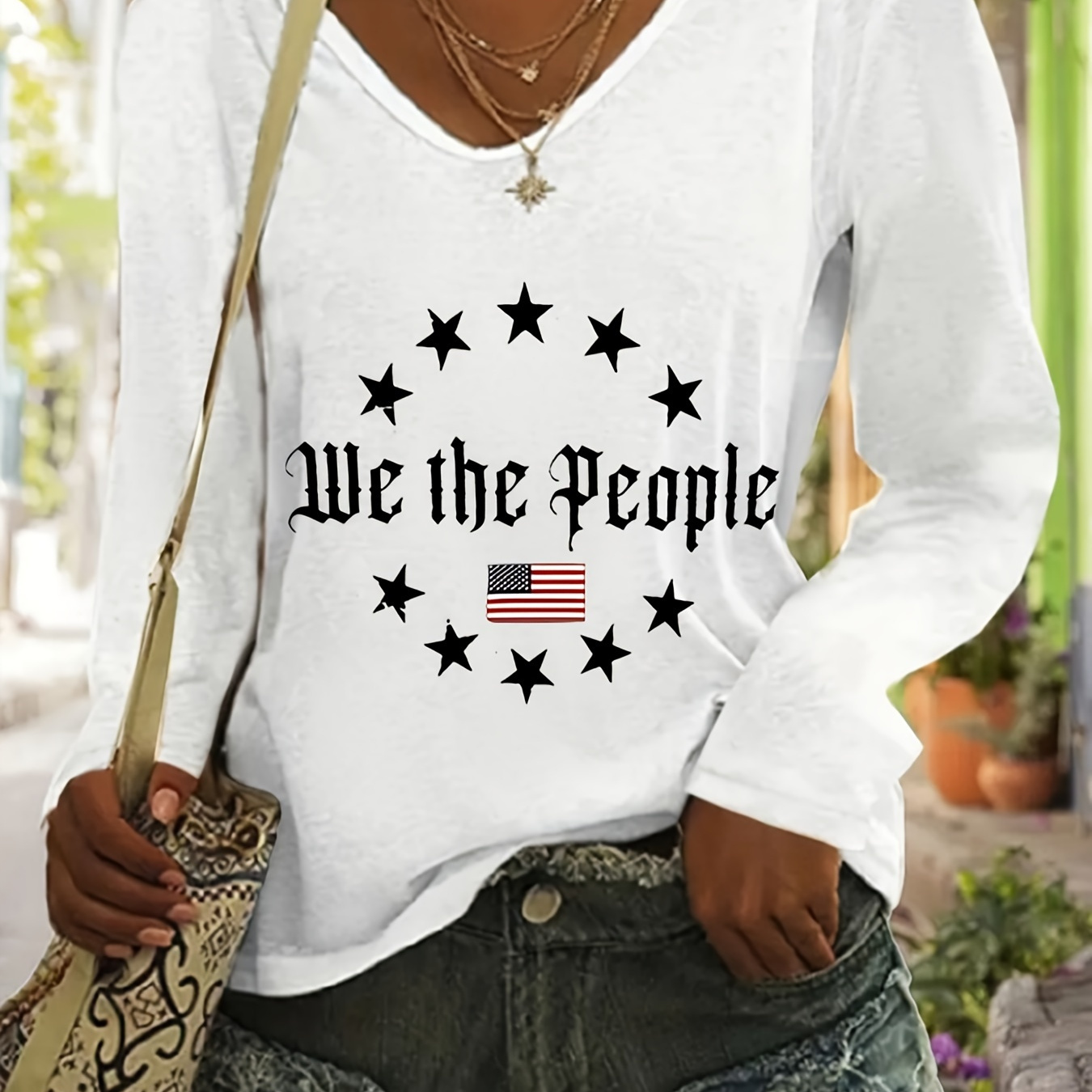 

Flag Print T-shirt, Long Sleeve V Neck Casual Top For Spring & Fall, Women's Clothing