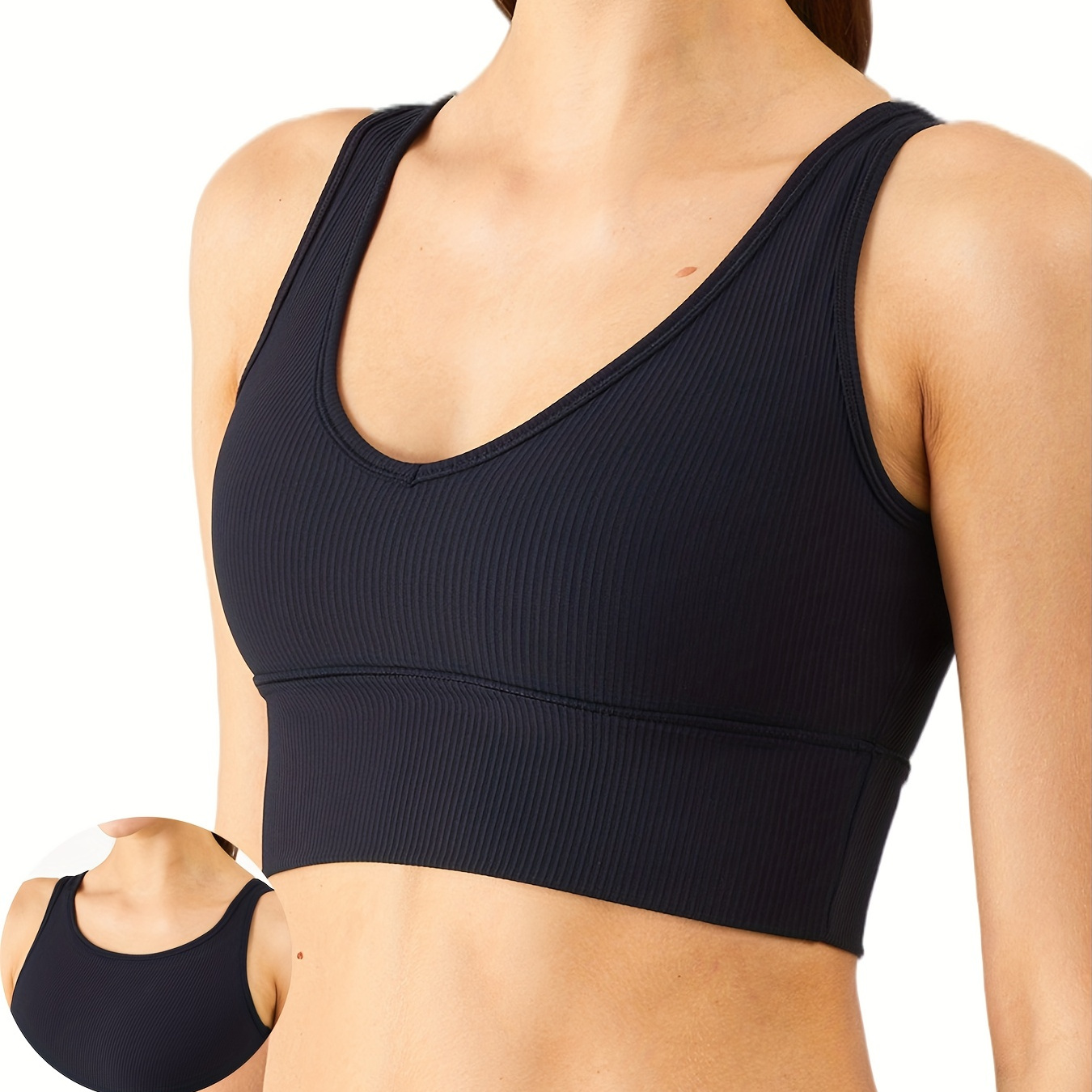 Solid Color Ribbed Sports Bras Solid Color Rib knit V neck - Temu