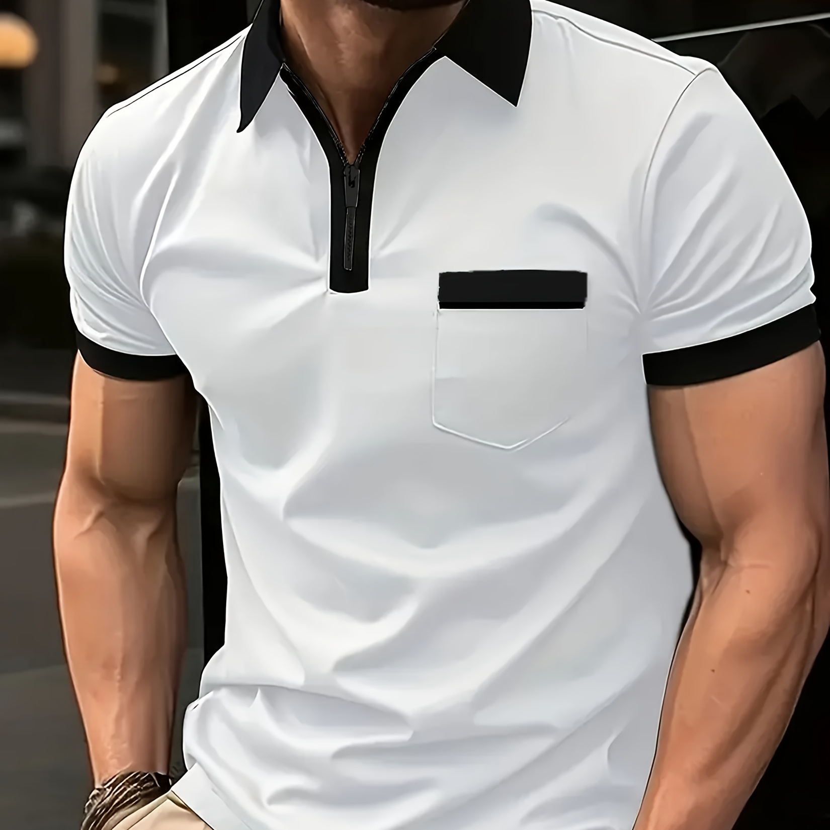 

Plus Size Men's Contrast Color Golf Shirt With Chest Pocket For Summer, Fashion Casual Short Sleeve Shirt For Males