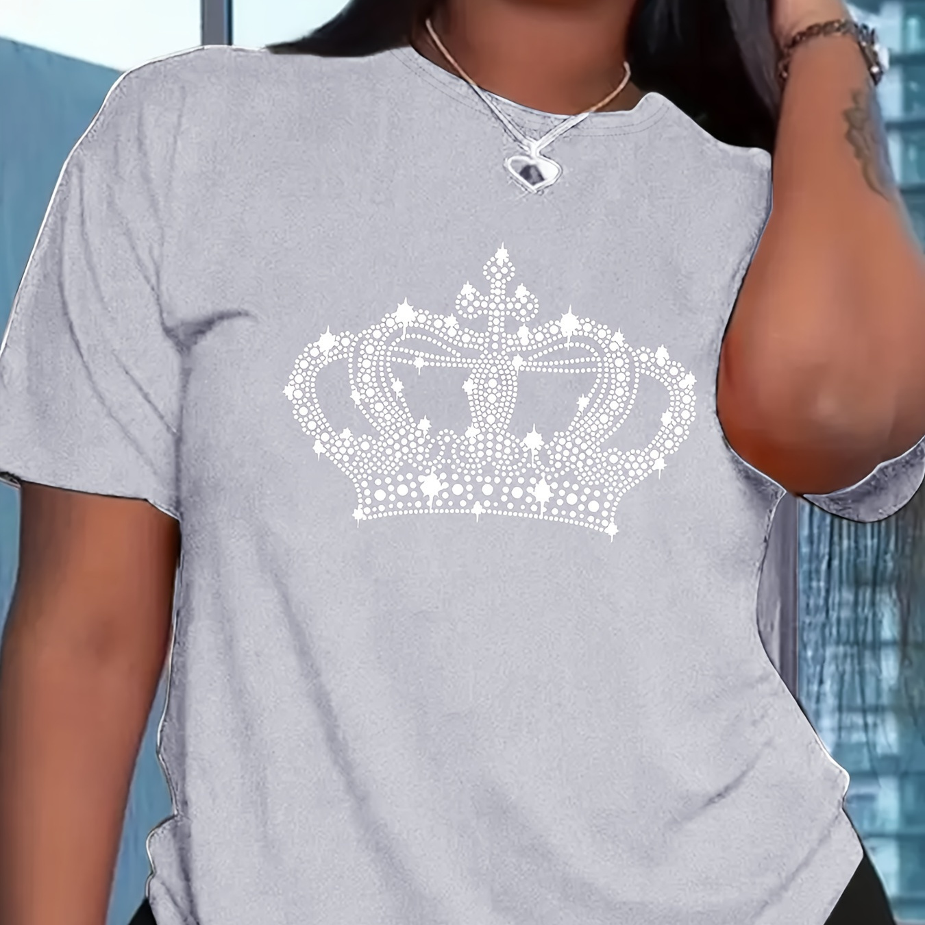 

Crown Print T-shirt, Short Sleeve Crew Neck Casual Top, Women's Clothing